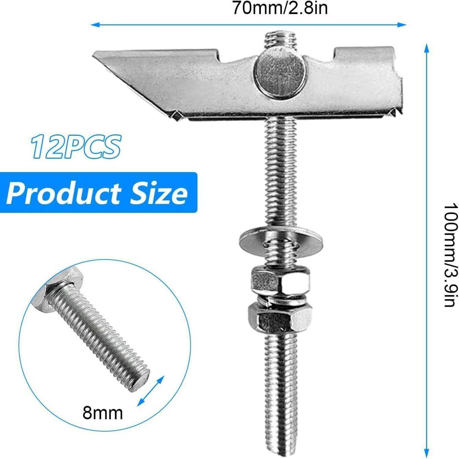 12-teilige Produktgröße' zeigt einen Bolzen mit Mutter und flachem Halter, Abmessungen: 70 mm breit, 100 mm hoch, 8 mm Durchmesser.