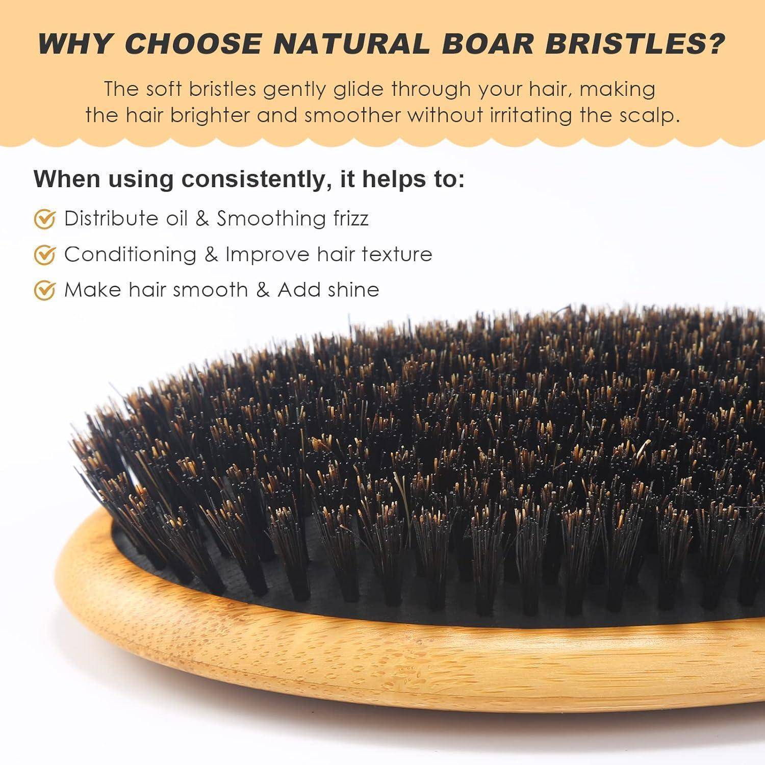 »Warum Natürliche Borsten vom Wildschwein wählen?« Infografik mit Vorteilen: verteilt Öl, glättet Frizz, verbessert Haarstruktur, verleiht Glanz.