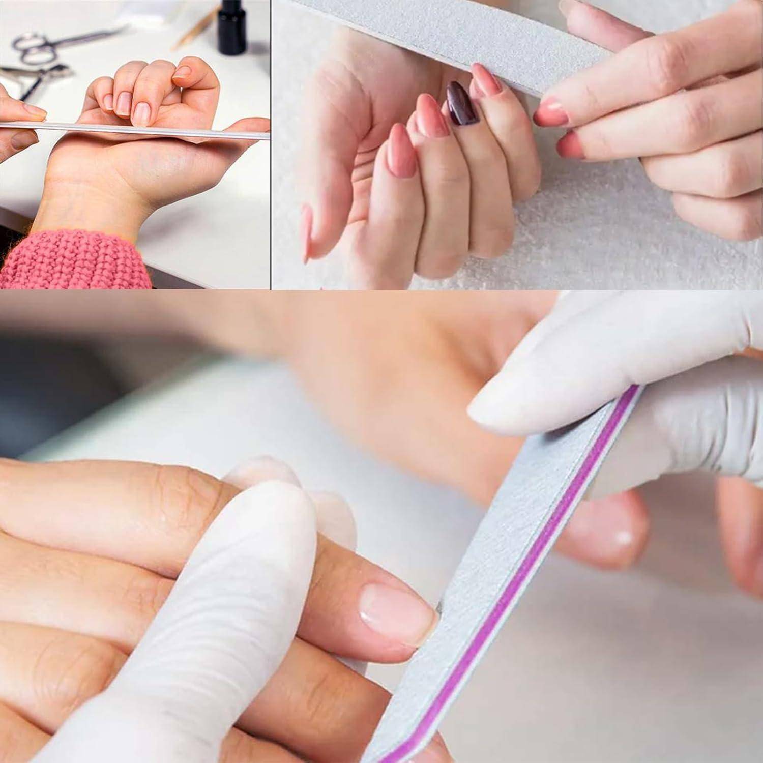 Maniküre-Prozess in drei Schritten gezeigt: Nagelfeilen, Formen und Abschließen mit einem Polierer für ein glattes, gepflegtes Aussehen.