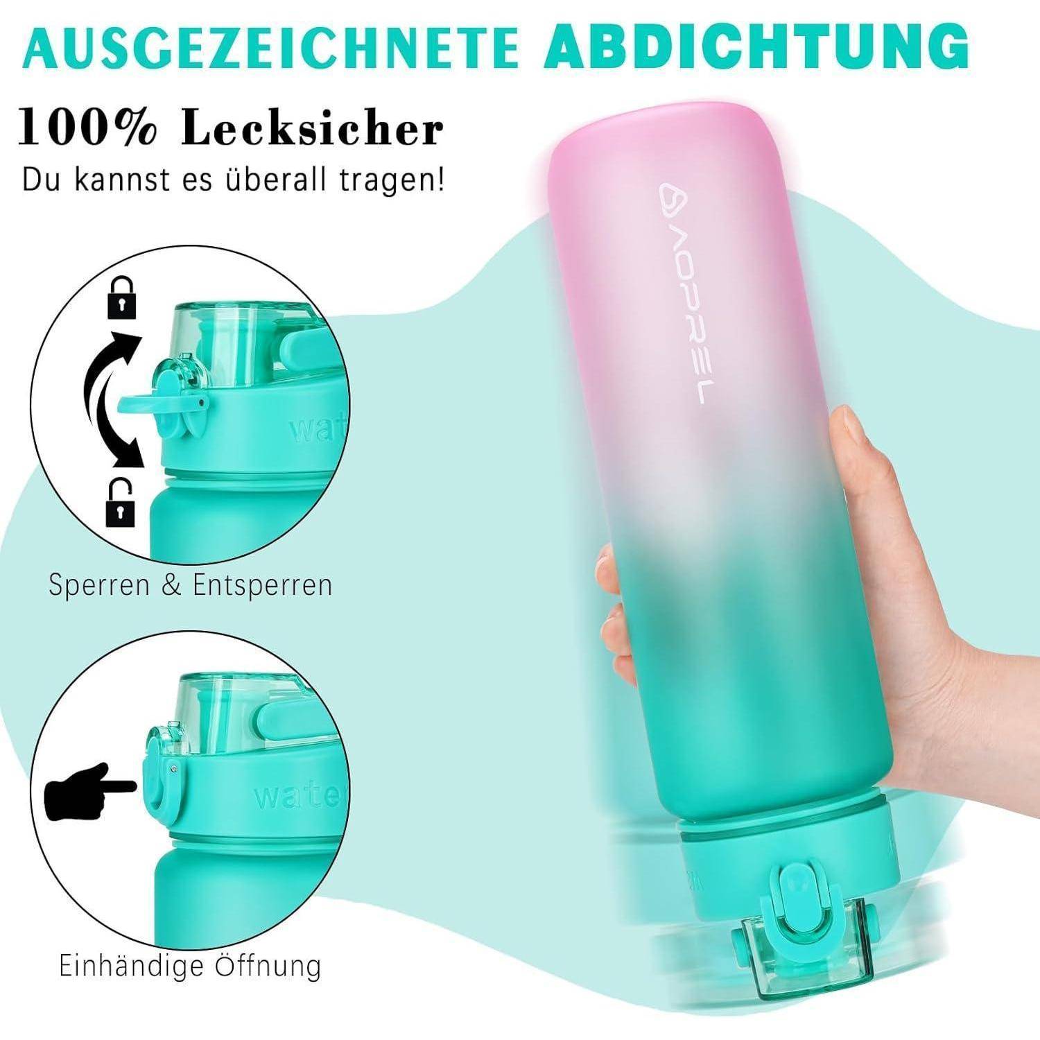 Eine Person hält eine Wasserflasche mit Farbverlauf von Blau zu Rosa. Der Text hebt hervor '100% Auslaufsicher' und zeigt Illustrationen der Verschlussmechanismen.
