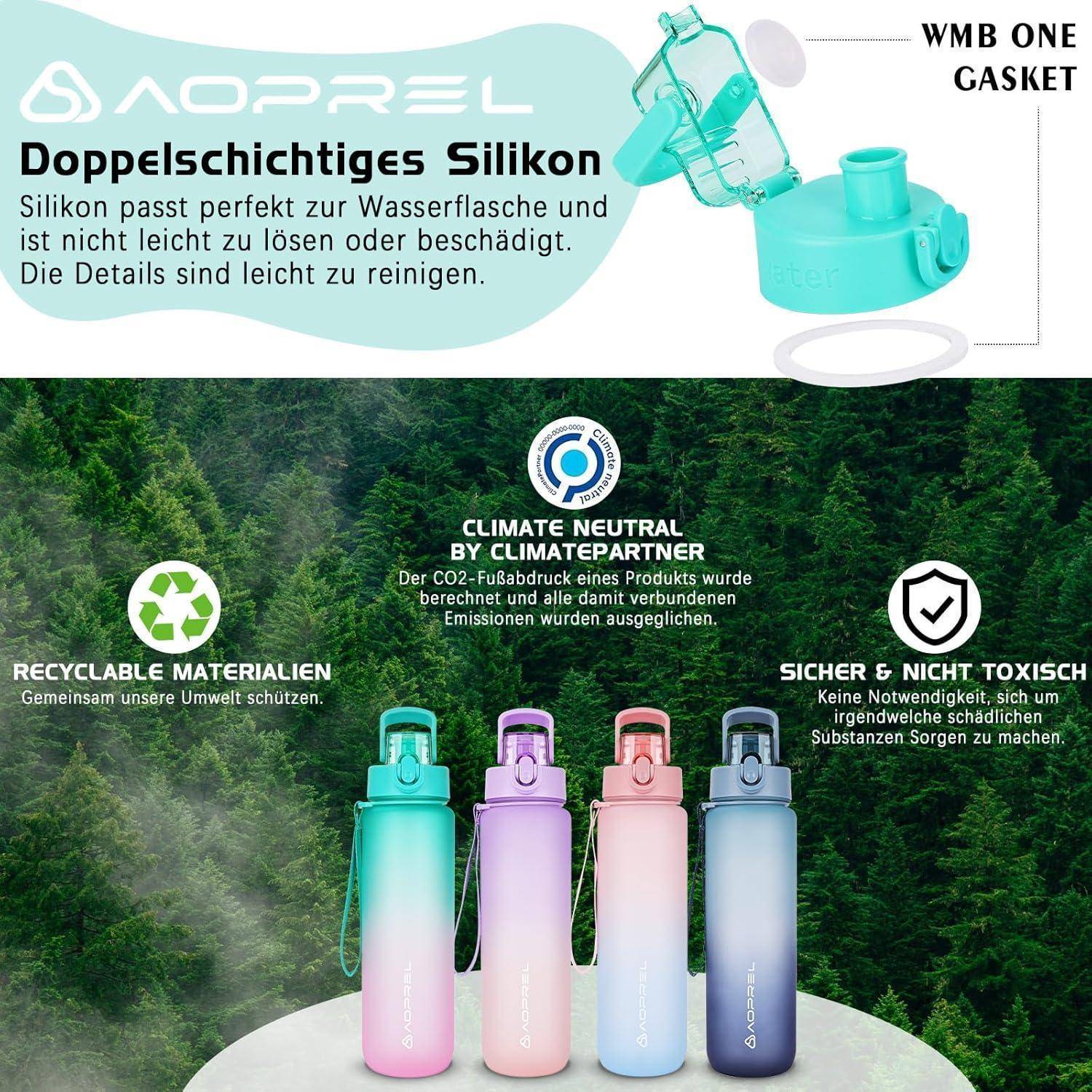 Die Marke 'Aoprel' präsentiert farbenfrohe Wasserflaschen, die den einfachen Reinigungsprozess und die Langlebigkeit in den Mittelpunkt stellen. Die Produkte unterstreichen ein klimaneutrales und recycelbares Design.