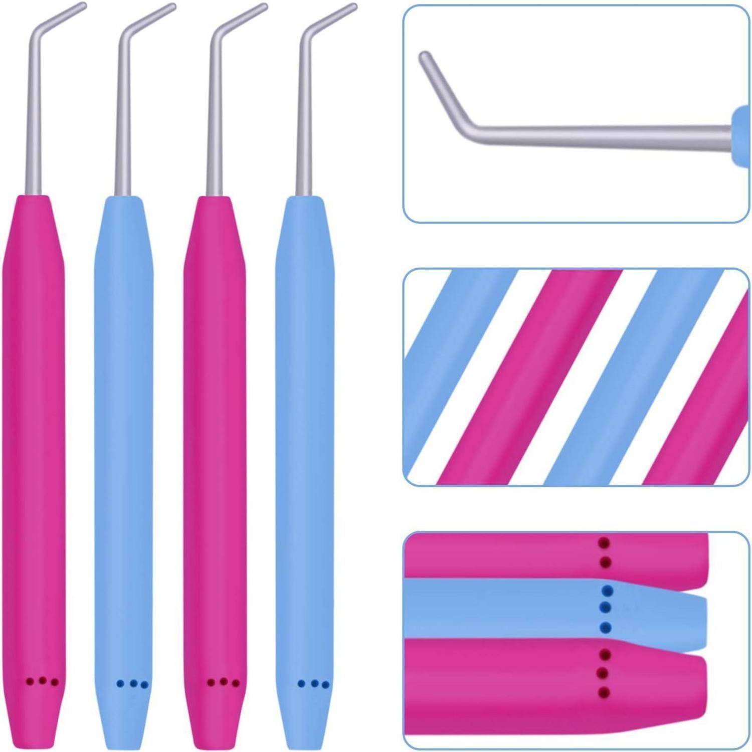 Bunte Knüpfhaken-Werkzeuge mit rosa und blauen Griffen, ausgestattet mit Haken zum Basteln oder Reparieren von Stoffen. Enthält eine Nahaufnahme des Haken- und Griffdesigns.