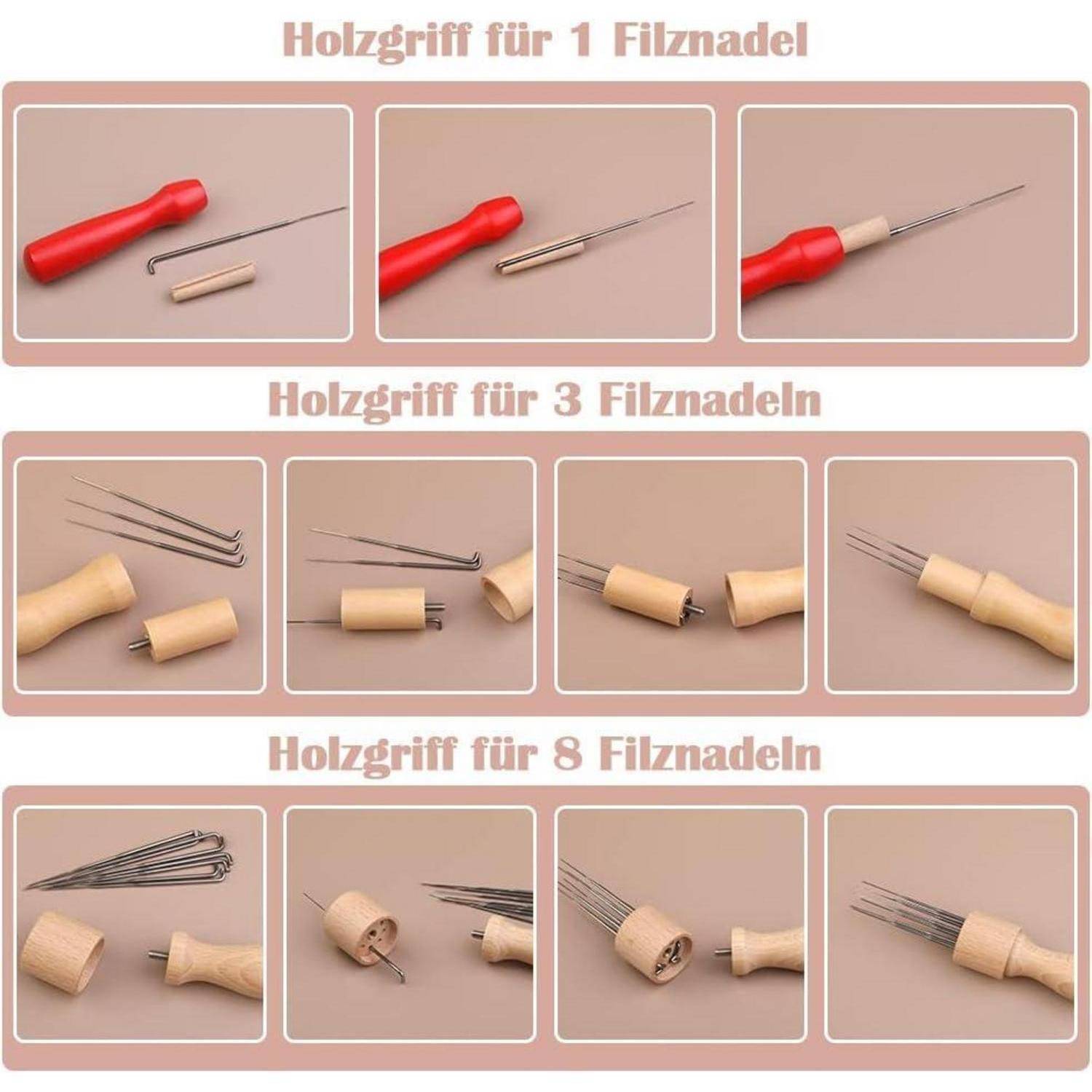 Anzeige von Holzgriffen und Filznadeln: ein Griff für eine einzelne Nadel, ein anderer für drei und ein weiterer für acht Nadeln, auf Deutsch beschriftet.