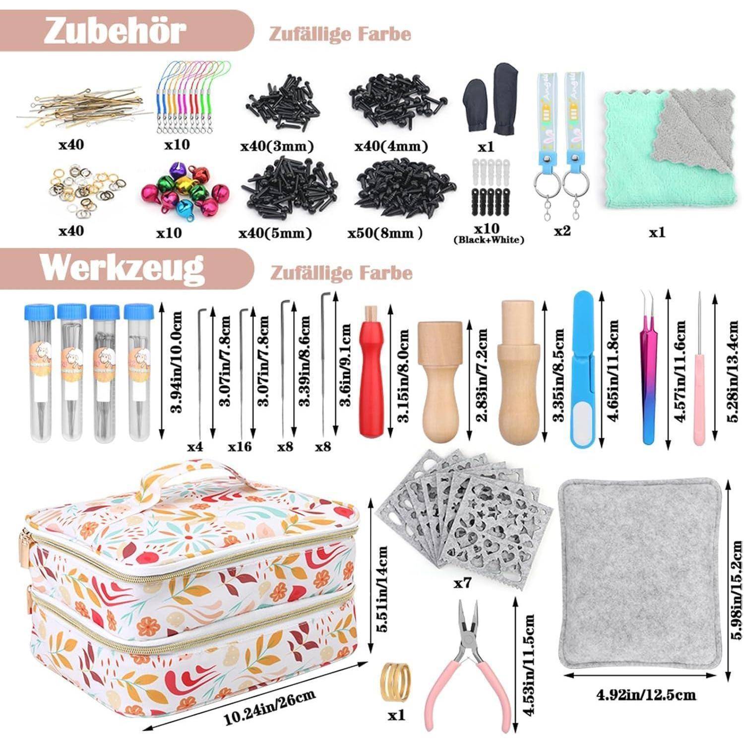 Ein Set zur Schmuckherstellung, bestehend aus farbigen Perlen, Werkzeugen, Messröhrchen und einer blumengemusterten Aufbewahrungsbox.