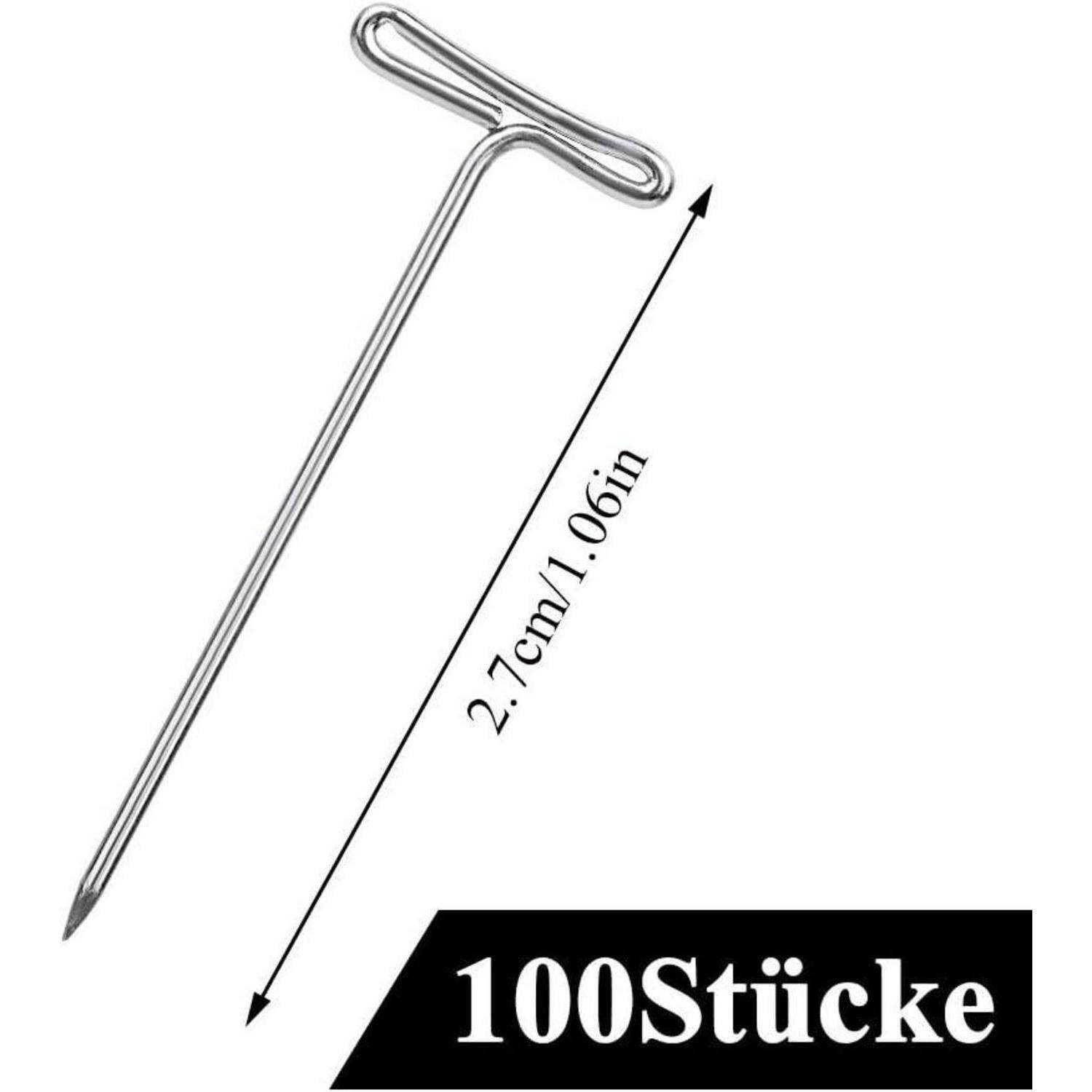 Ein Metall-T-Stift mit einer Länge von 2,7 cm (1,06 Zoll) wird gezeigt, mit seinen Abmessungen daneben, gekennzeichnet mit '100 Stücke', was eine Packung von 100 Stück anzeigt.