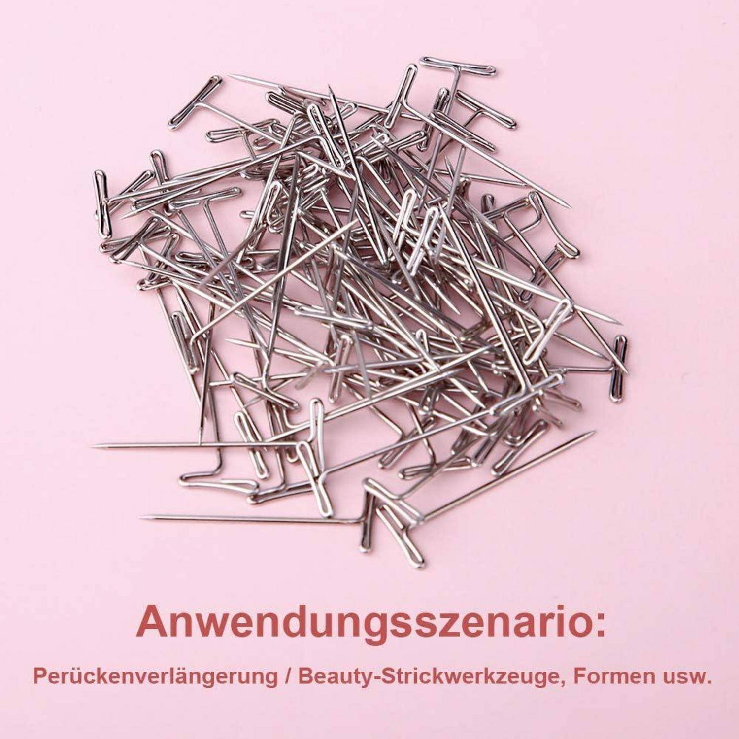 Ein Haufen silberner Nadeln auf einer rosa Oberfläche, mit Text auf Deutsch darunter: 'Anwendungsszenario: Perückenverlängerung / Beauty-Strickwerkzeuge, Formen usw.