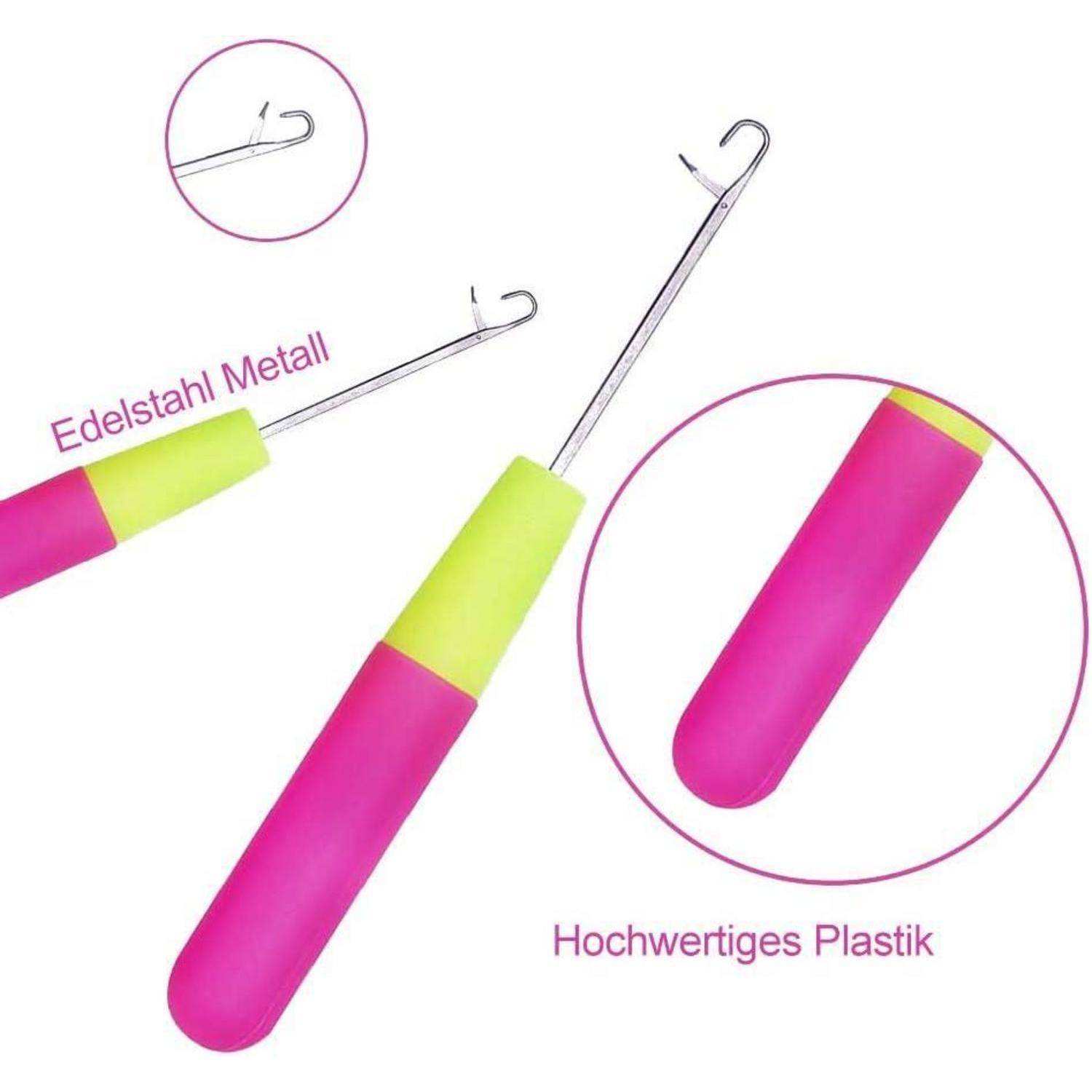 Verriegelungswerkzeug mit rosa Griff, ausgestattet mit einem Metallhaken an der Spitze. Hervorgehobener Text lautet 'Edelstahl Metall' und 'Hochwertiges Plastik'.