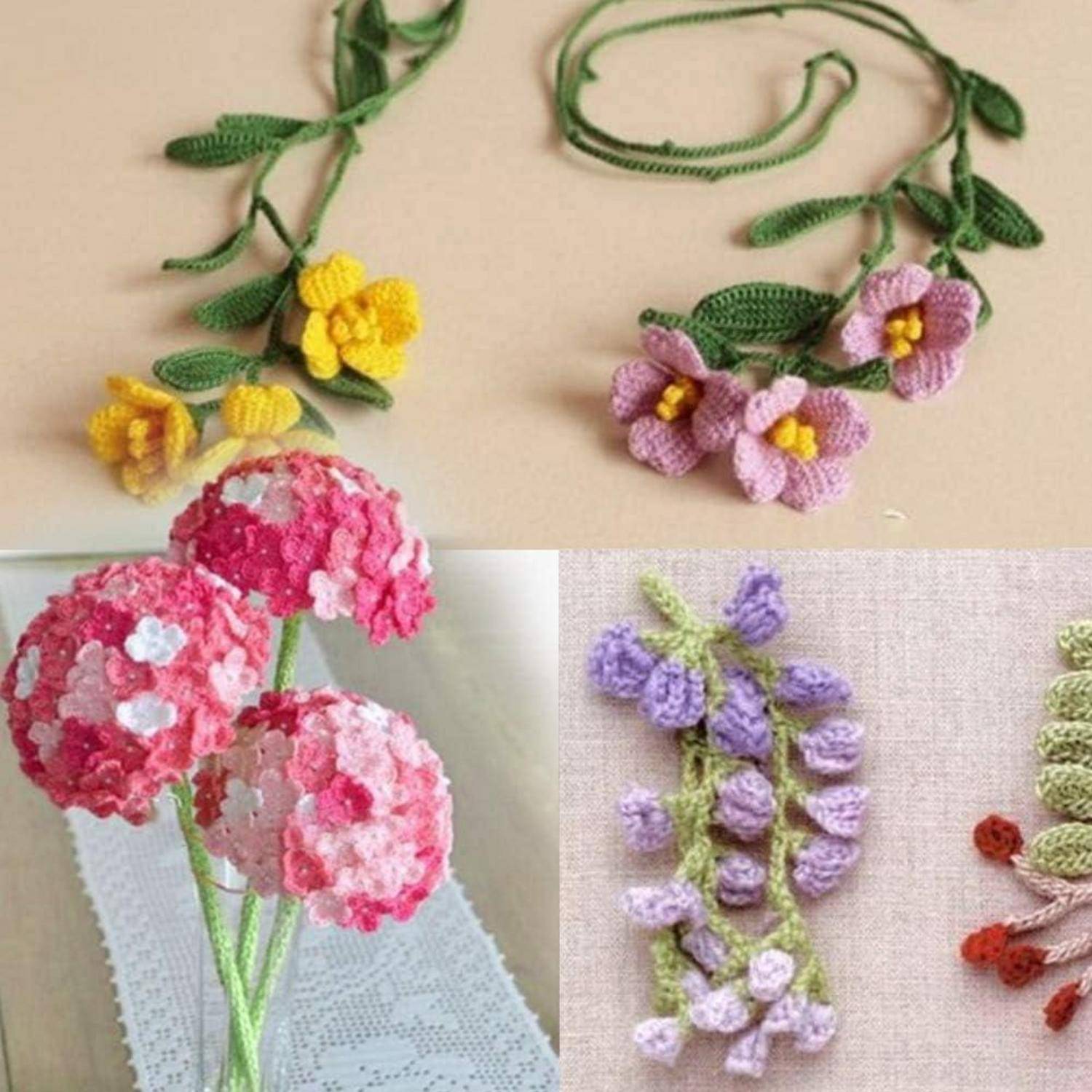 Gehäkelte Blumen in Gelb, Rosa und Lila, mit Blättern auf einer Spitzendecke angeordnet. Jeder Blumenstrauß besteht aus kleinen, detailreichen Blüten.