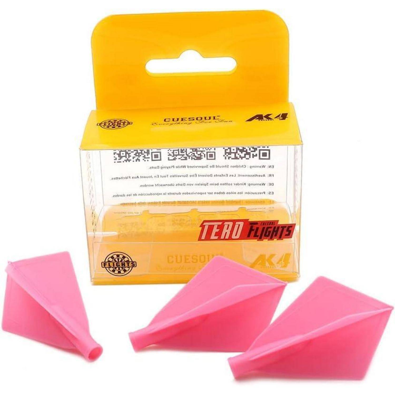 Verpackung von Dartflights mit drei rosa Flights, die im Vordergrund ausgestellt sind. Die Verpackung verfügt über einen gelben Oberteil mit Produktbranding.