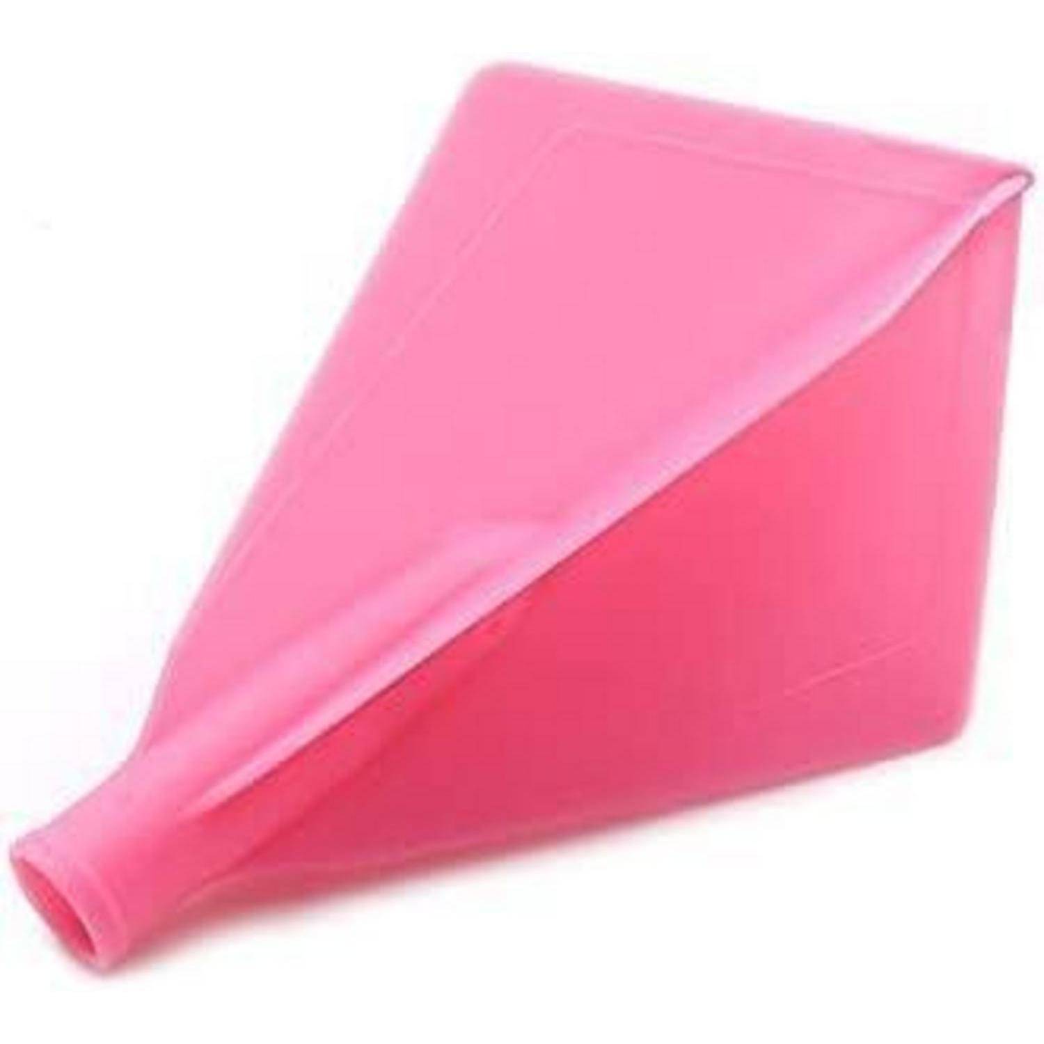 Ein rosa weicher Trichter, der für einfaches Ausgießen konzipiert ist, mit einer breiten Oberseite, die sich zu einer schmalen Ausgussöffnung verjüngt. Geeignet für die Verwendung mit Flüssigkeiten oder Pulvern.