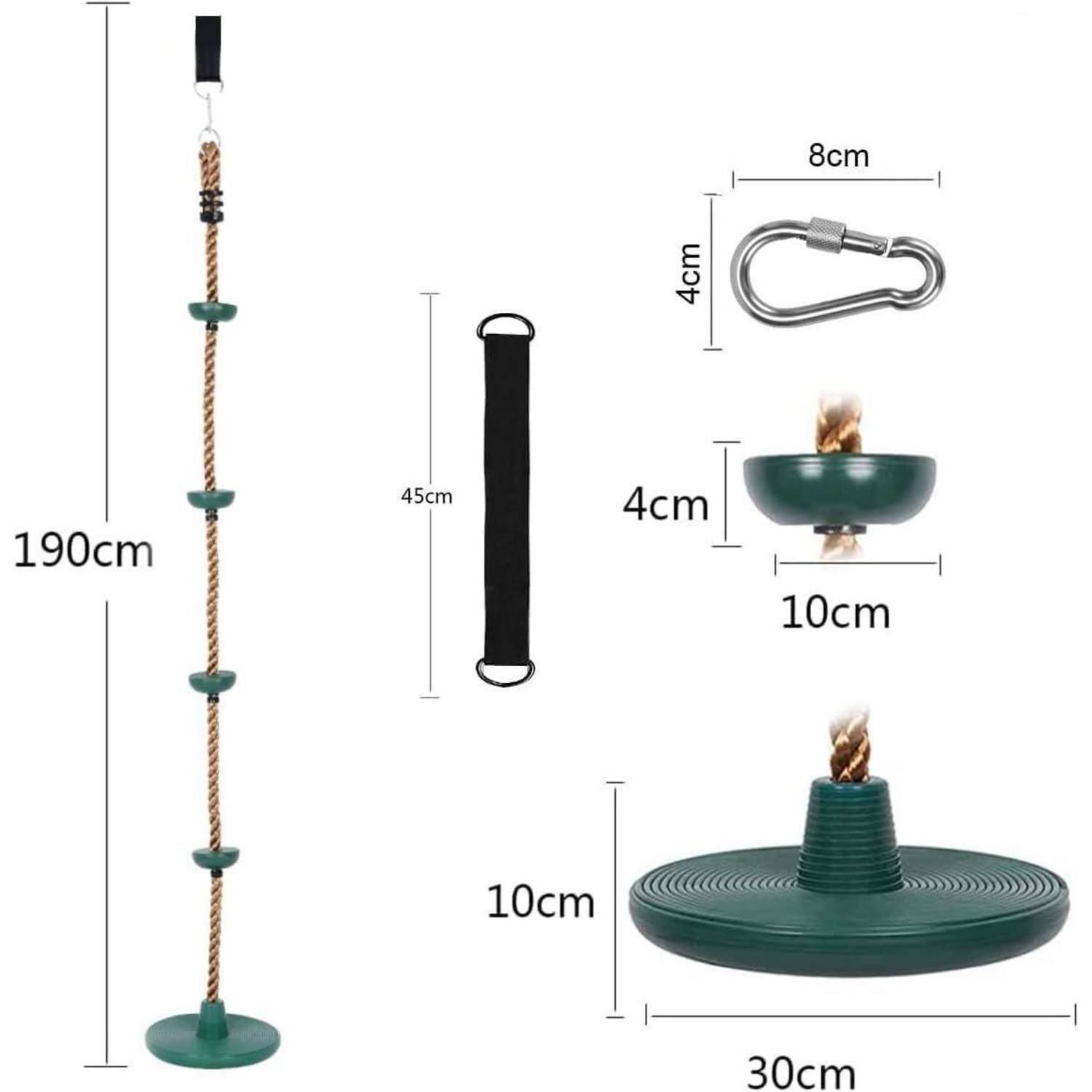 Eine grüne Plattformschaukel mit einem Seil und verstellbaren Befestigungen wird gezeigt. Sie ist 190 cm hoch mit einer 30 cm breiten Basis, detaillierte Abmessungen werden dargestellt.