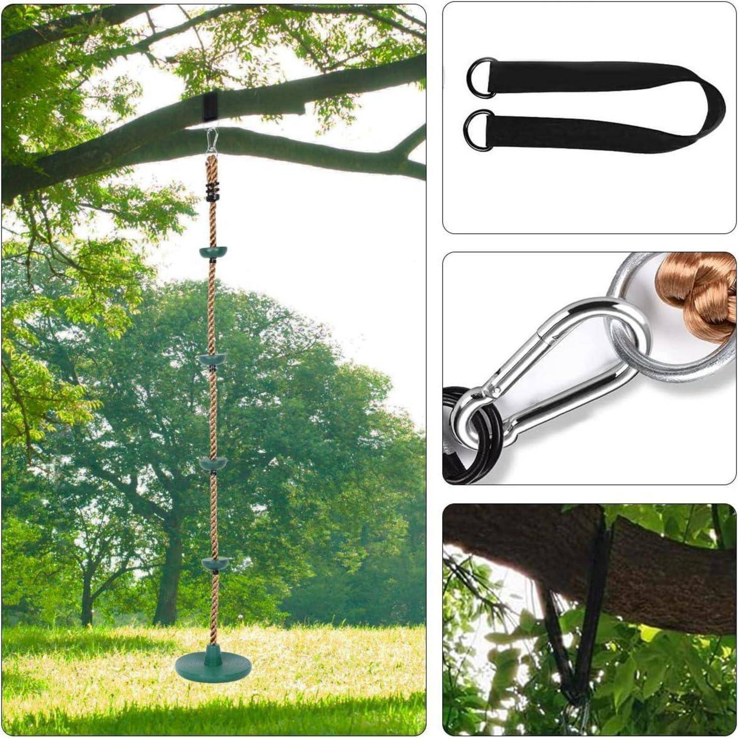 Schaukelset für Bäume mit einem dicken Seil, das von einem Ast hängt, rundem Sitz und sicheren Metallbefestigungen. Separate Bilder zeigen Gurte und Karabiner.