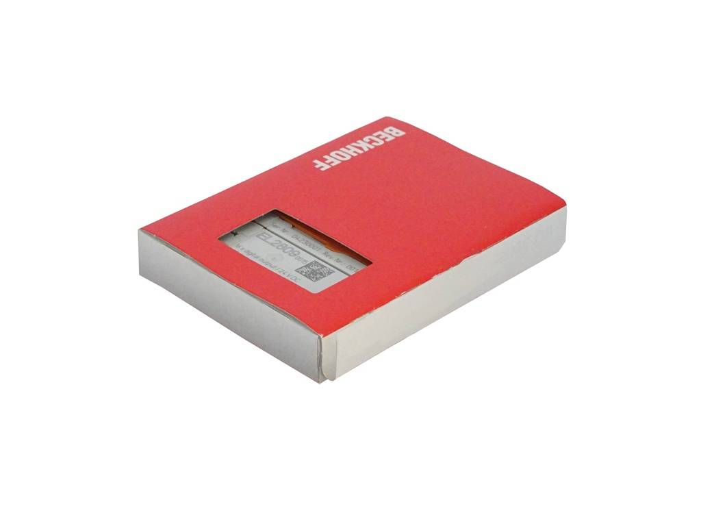 Rechteckige Produktverpackung in Rot und Weiß mit einem kleinen durchsichtigen Fenster, durch das ein Einleger zu sehen ist, und dem Wort „BEYONDER“ oben.
