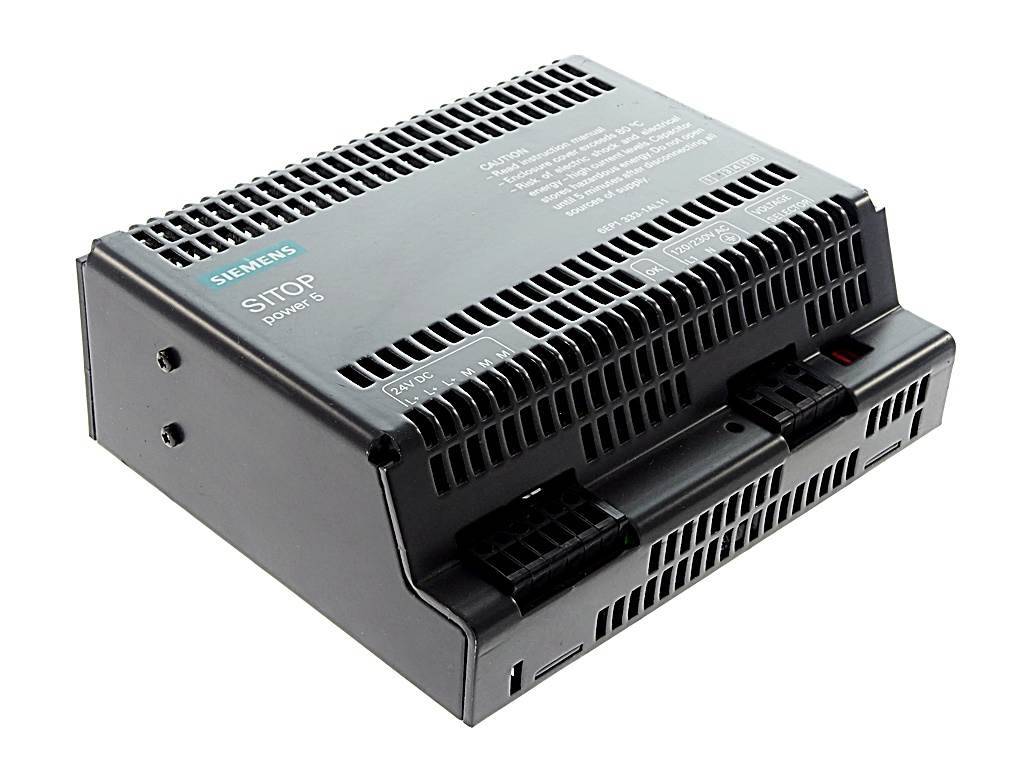 Siemens-SITOP-Netzteilmodul, eine schwarze Industrieelektronikeinheit mit belüfteten Seiten und oben montierten Anschlüssen.