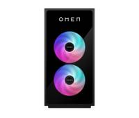 Ein schwarzer PC-Turm mit zwei RGB-beleuchteten Lüftern, die auf dem Frontpanel mit 'OMEN' gekennzeichnet sind.