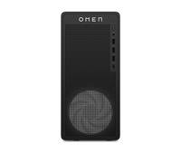 Ein schwarzer Omen PC-Gehäuse mit Frontdesign aus Gitter, ausgestattet mit einem großen kreisförmigen Lüfter am unteren Rand und mehreren Anschlüssen an der rechten Seite.