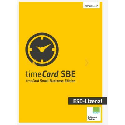 Gelber Umschlag mit einer Uhr-Ikone und dem Text: timeCard SBE, timeCard Small Business Edition. ESD-Lizenz!