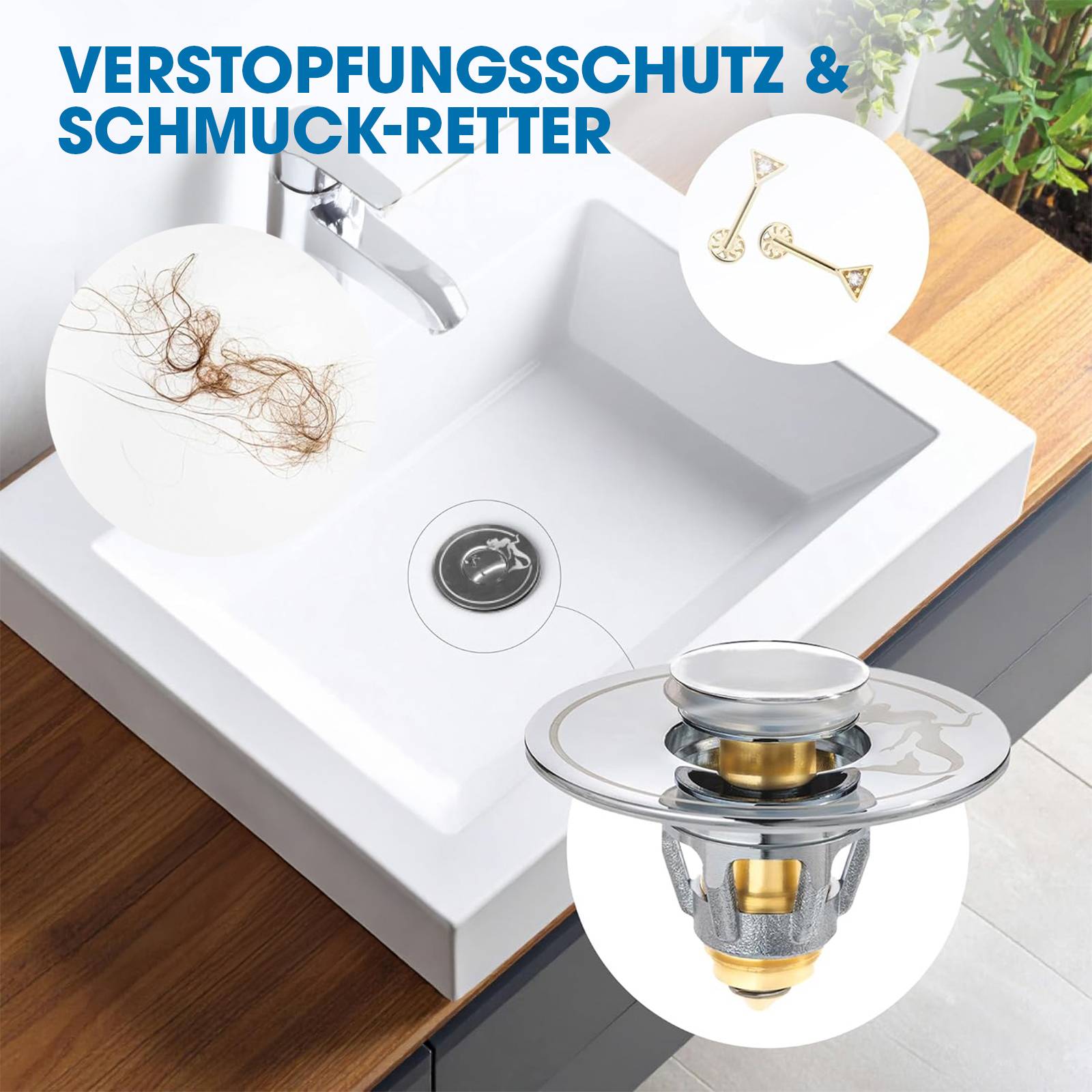 Drain Magic - Universal Waschbeckenstöpsel mit Abflusssieb - inkl. 3 Dichtungsringe - verhindert Verstopfungen & Tropfen - für Waschbecken, Spüle