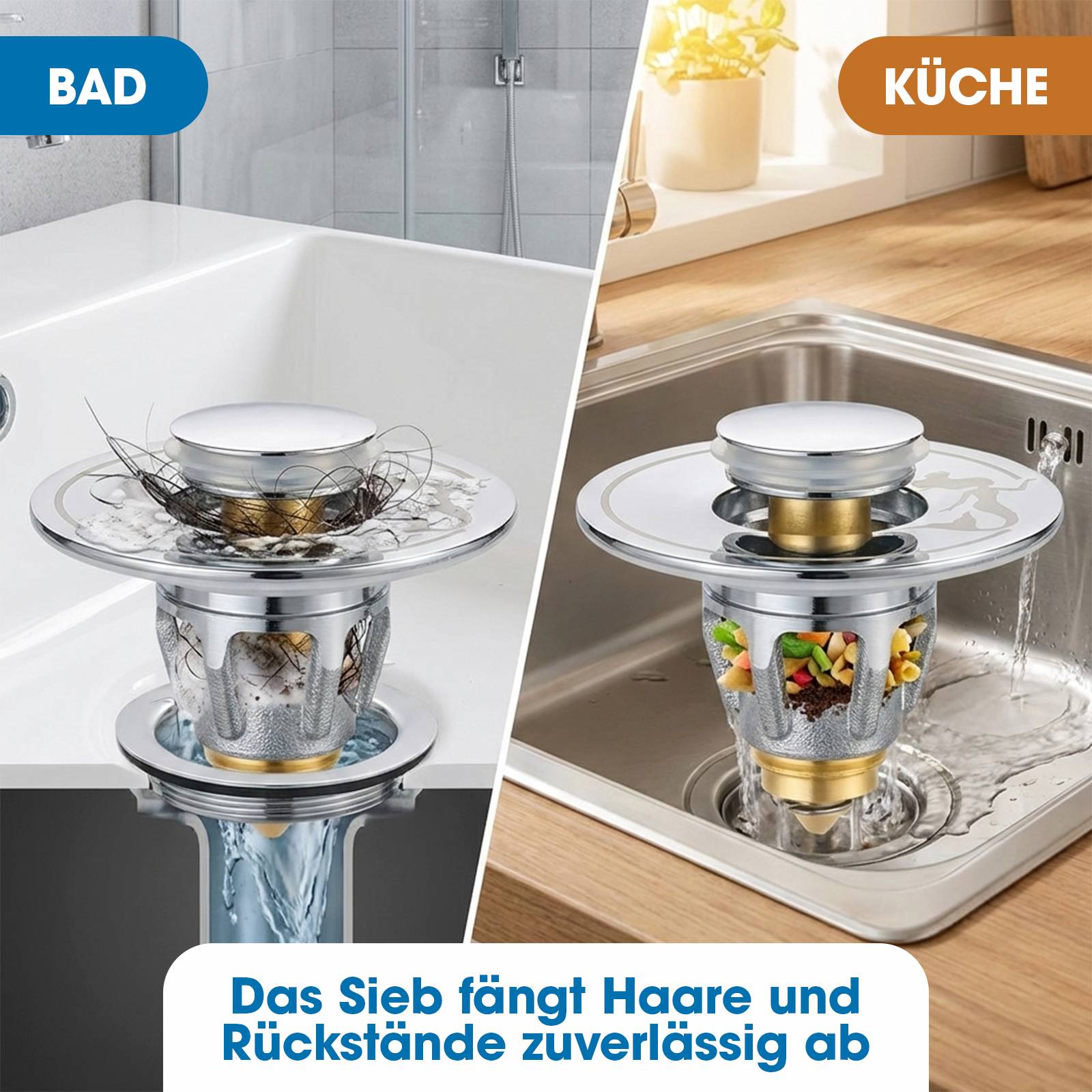 Drain Magic - Universal Waschbeckenstöpsel mit Abflusssieb - inkl. 3 Dichtungsringe - verhindert Verstopfungen & Tropfen - für Waschbecken, Spüle