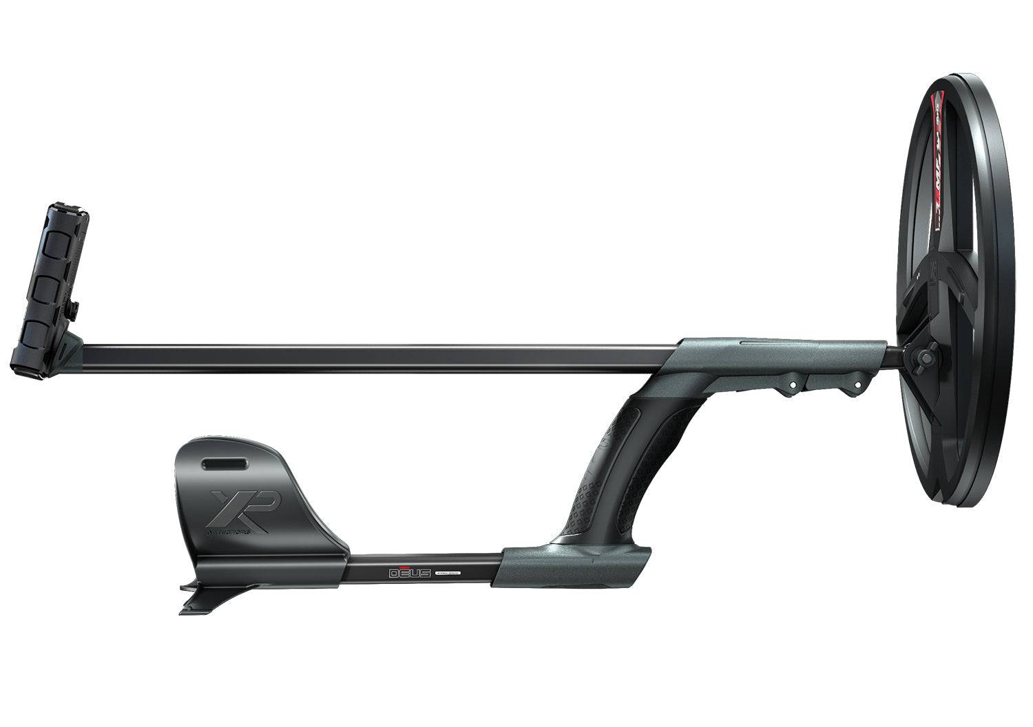 Ein Recurve-Bogen-Griff und Teil der Wurfarme mit elegantem, modernem Design in Schwarz und Grau.