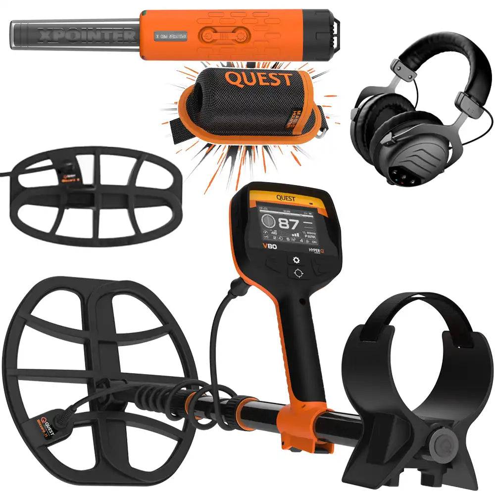Quest V80 Double Blizzard Metalldetektor + gratis XPointer Max Pinpointer mit Magic Holster