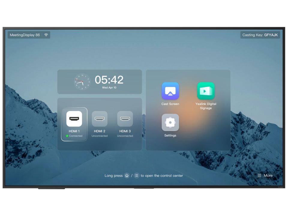 Intelligente Anzeigehome-Startseite mit Uhrzeit 05:42, Wi-Fi-Status, Cast-Taste und App-Kacheln für Cast Screen, Video Digital Signage, Einstellungen und HDMI-Eingänge.