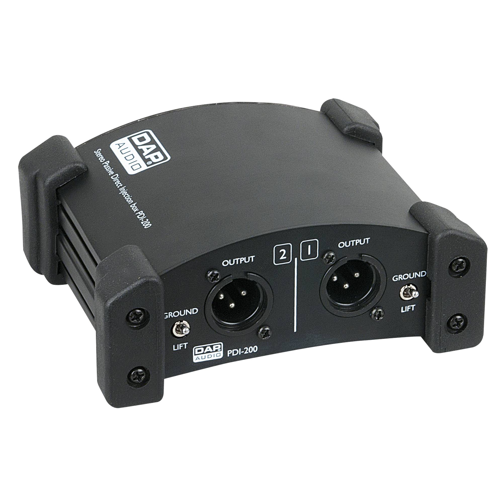 Audio-Schnittstellengerät mit schwarzem Gehäuse, ausgestattet mit zwei XLR-Eingängen und -Ausgängen, mit der Bezeichnung 'DAB Audio', Modell 'PDI-200'.