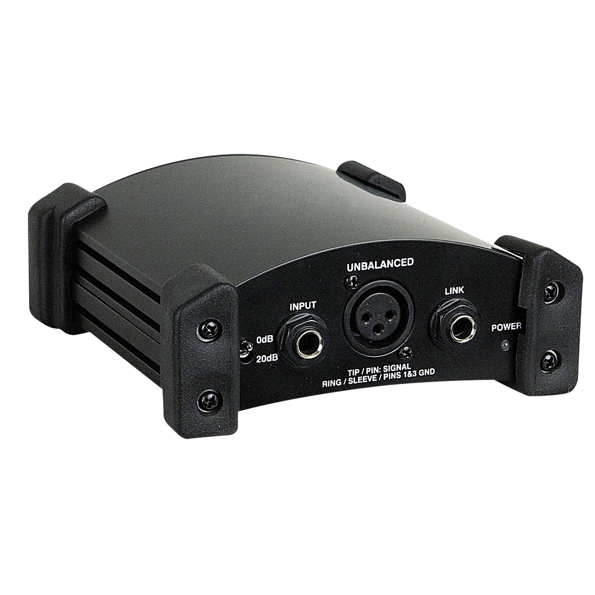 Audio-Schnittstelle mit Frontplatte, die Eingangschalter mit '0dB' und '20dB' zeigt, symmetrischer Signalanschluss und Netzteil-Verbindungsbuchse. Schwarzes Gehäuse.