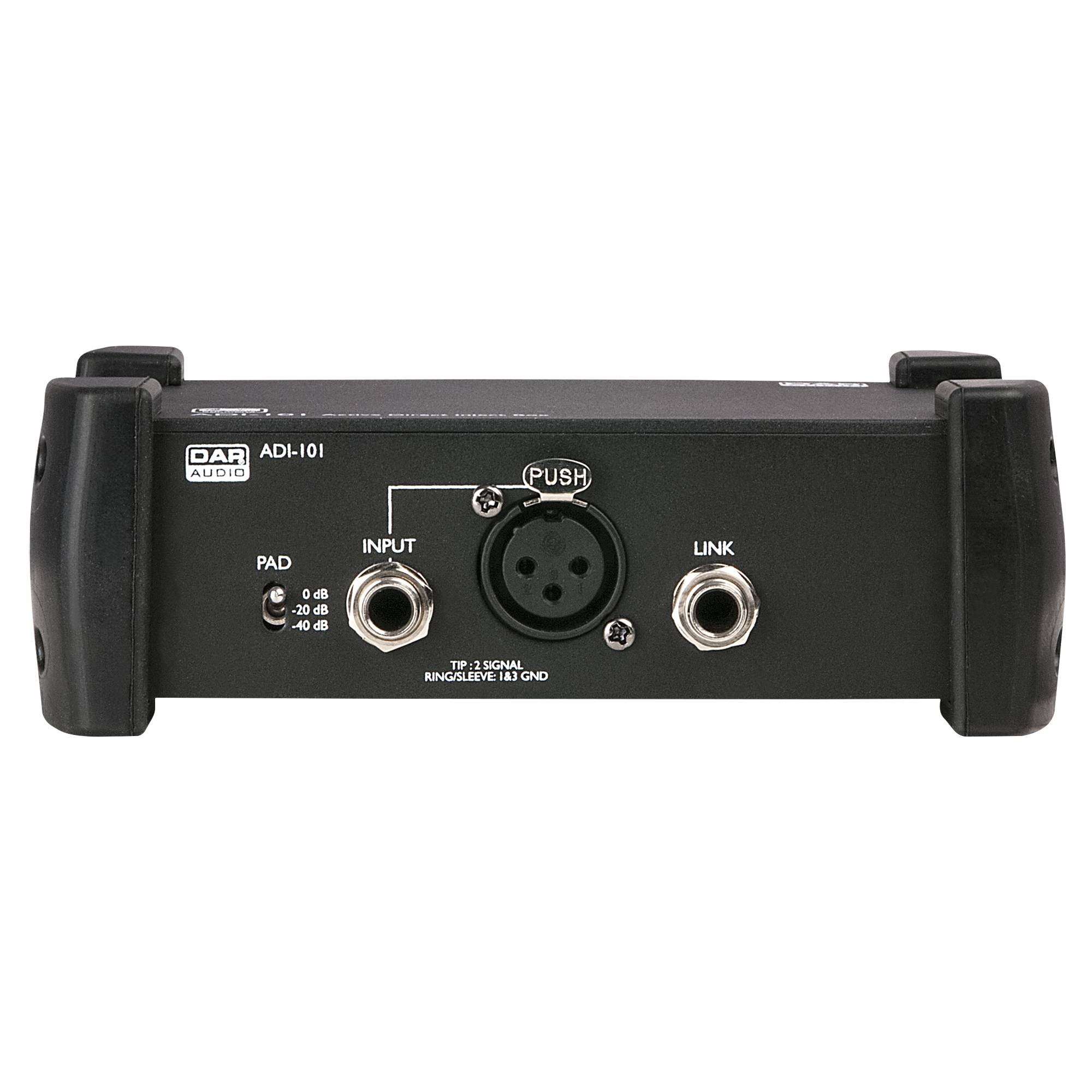 Rückseite eines Audiogeräts mit Eingangsbuchsen und einem PAD-Schalter mit Optionen für 0, -20 und -40 dB.