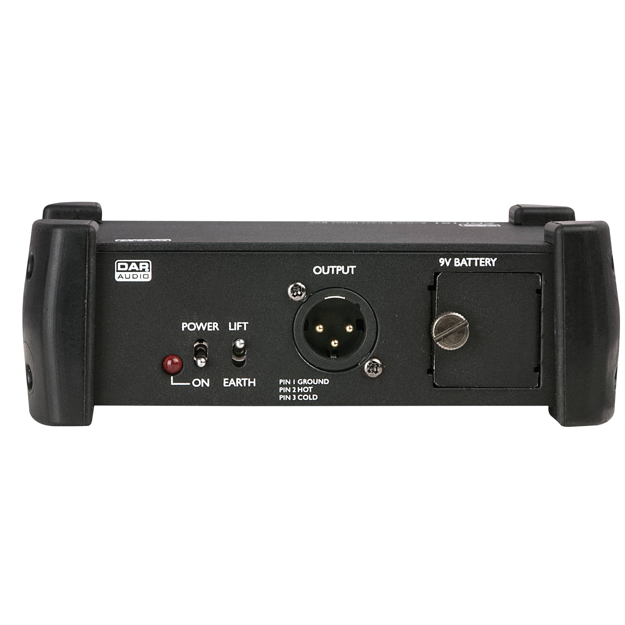 Eine Audioschnittstelle mit Netz- und Erdungsschaltern, XLR-Ausgang, 9V-Batterieeinschub und Pin-Beschriftungsdetails für Audioverbindungen.