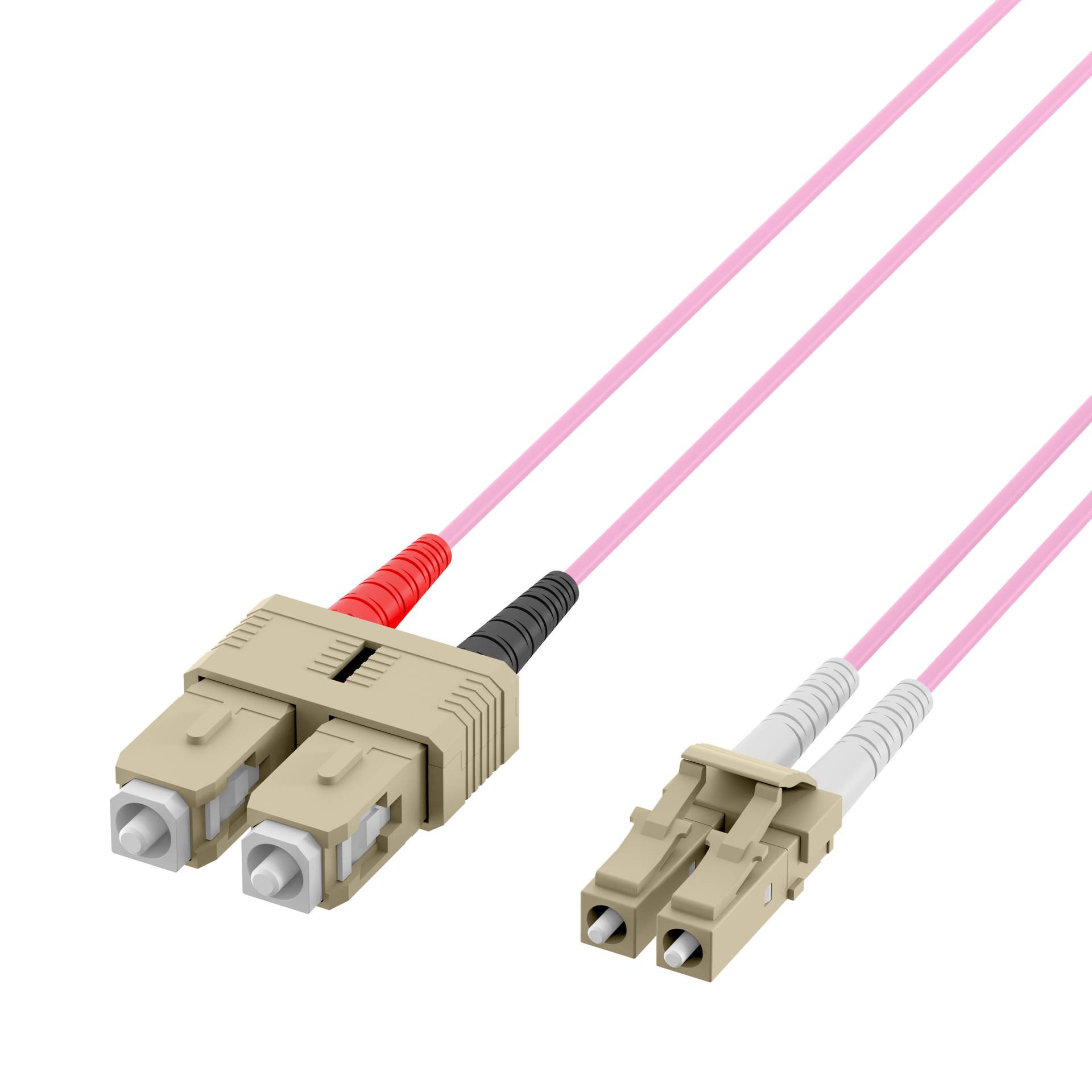 Bild von zwei Glasfaserverbindern, einem SC-Verbinder links und einem LC-Verbinder rechts, mit rosa Glasfaserkabeln.