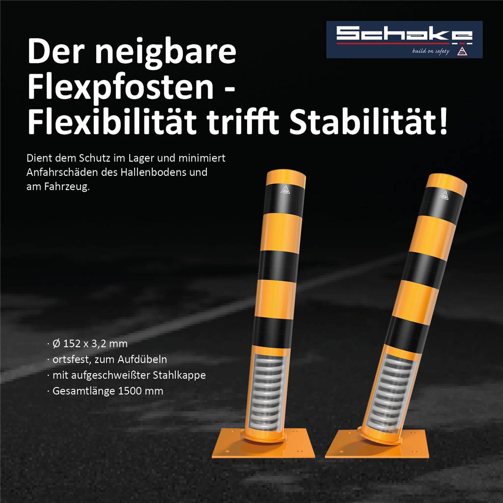 Zwei flexible schwarze und orangefarbene Pfosten mit Stahlbasen auf schwarzem Hintergrund. Der Text unterstreicht ihre Flexibilität und Stabilitätsvorteile.
