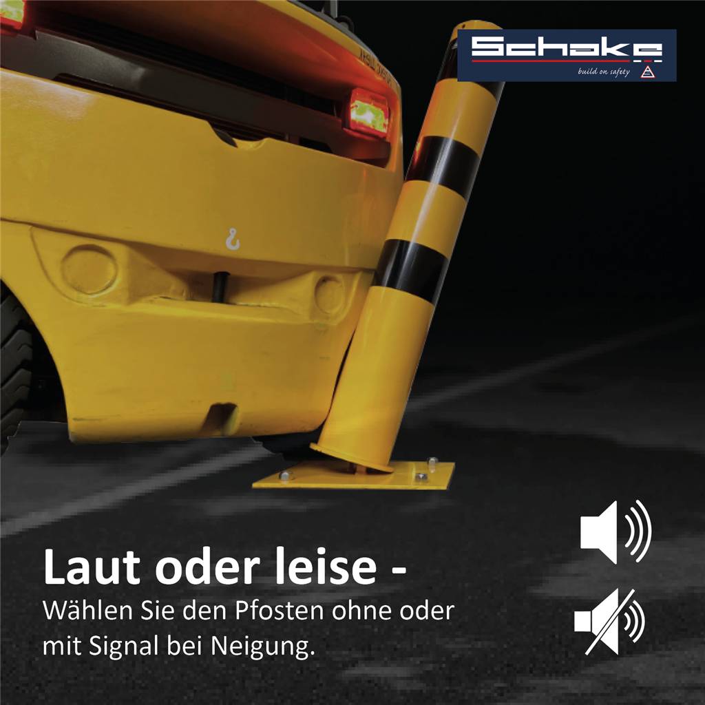 Ein gelbes Auto wird leicht von einem schwarz-gelben Pfosten zur Seite geneigt. Der deutsche Text lautet: 