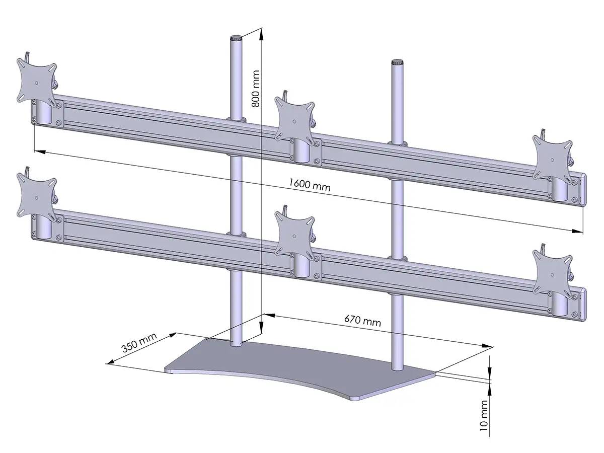 Flat-System Monitorhalter für 6 Monitore mit Tisch-Stand-Fuß 3+3 - 25''-32''