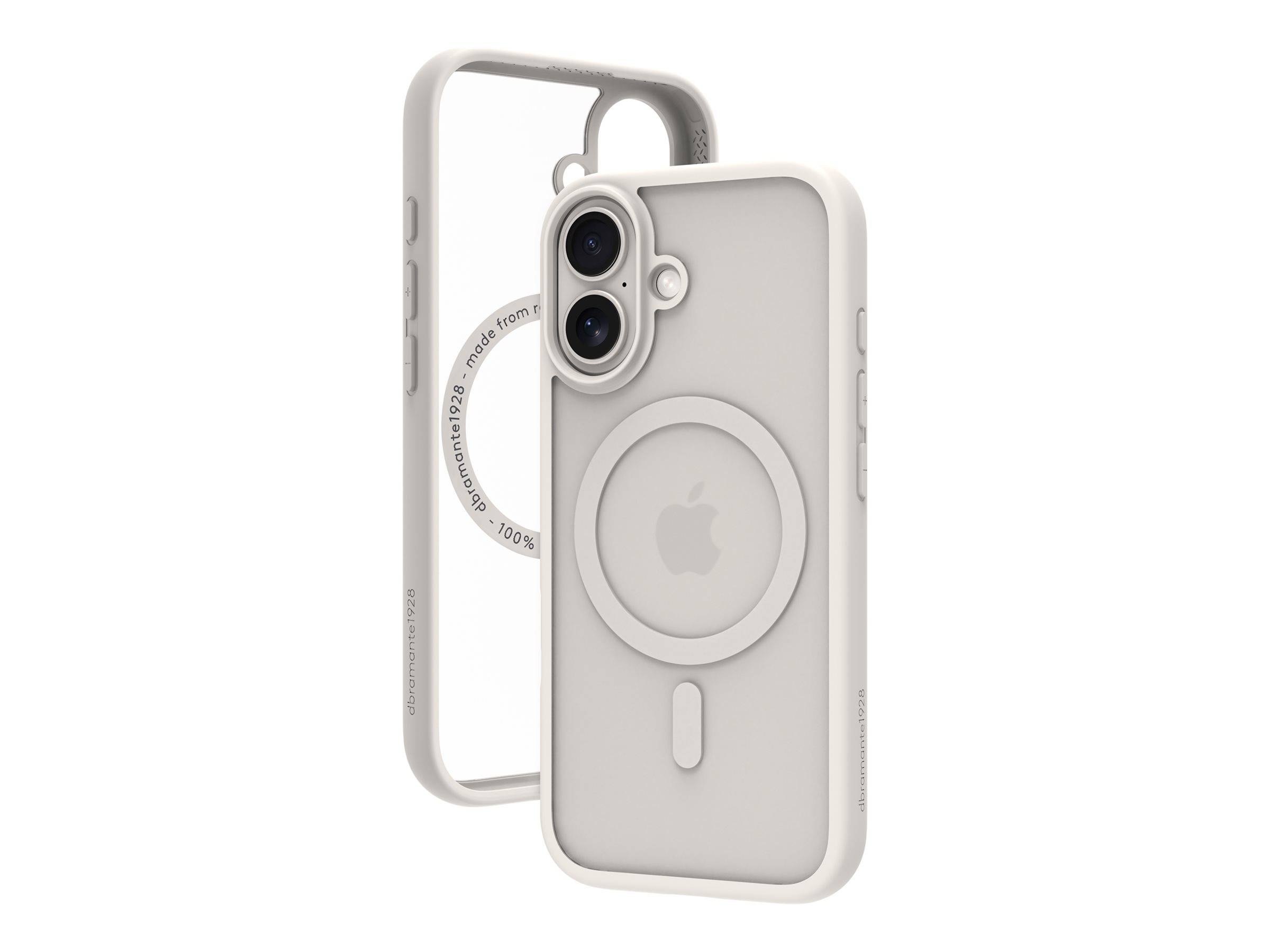 Eine Handyhülle mit transparenter Rückseite und beigen Kanten, mit zwei Kameraausschnitten und dem Apple-Logo. Die Hülle hat einen kreisförmigen Design um das Logo.