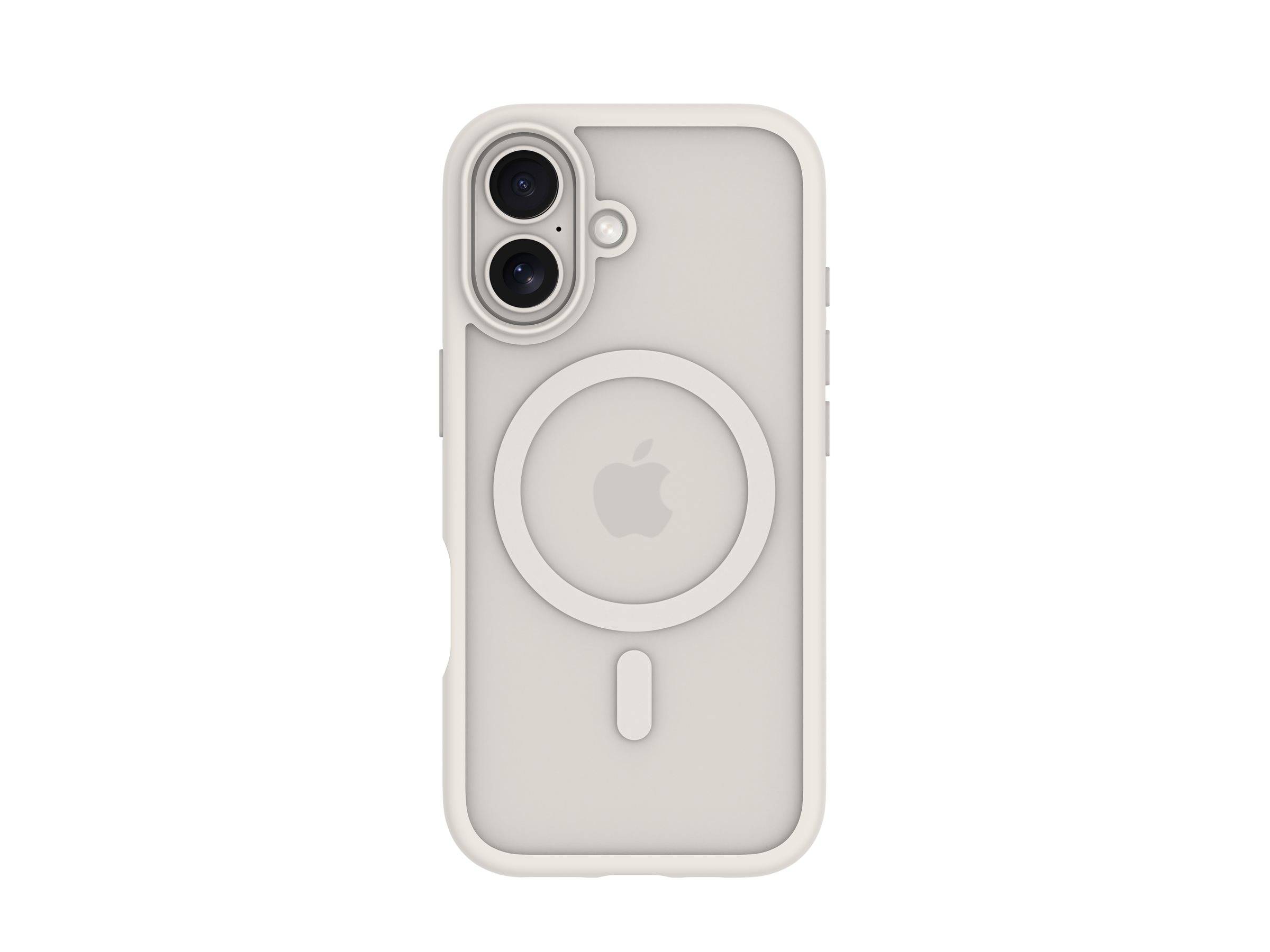 Eine beige Handyhülle mit durchsichtigem Rücken und kreisförmigem Muster, mit einem Logo in der Mitte. Doppelte Kameraausschnitte oben links.