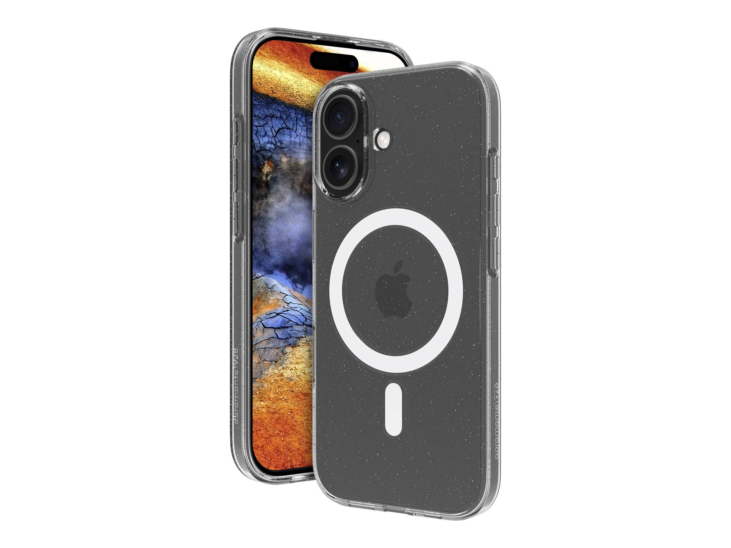 Durchsichtige Handyhülle mit MagSafe-Ring und Apple-Logo, die auf einem Smartphone angezeigt wird. Der Handybildschirm zeigt ein lebendiges abstraktes Design.