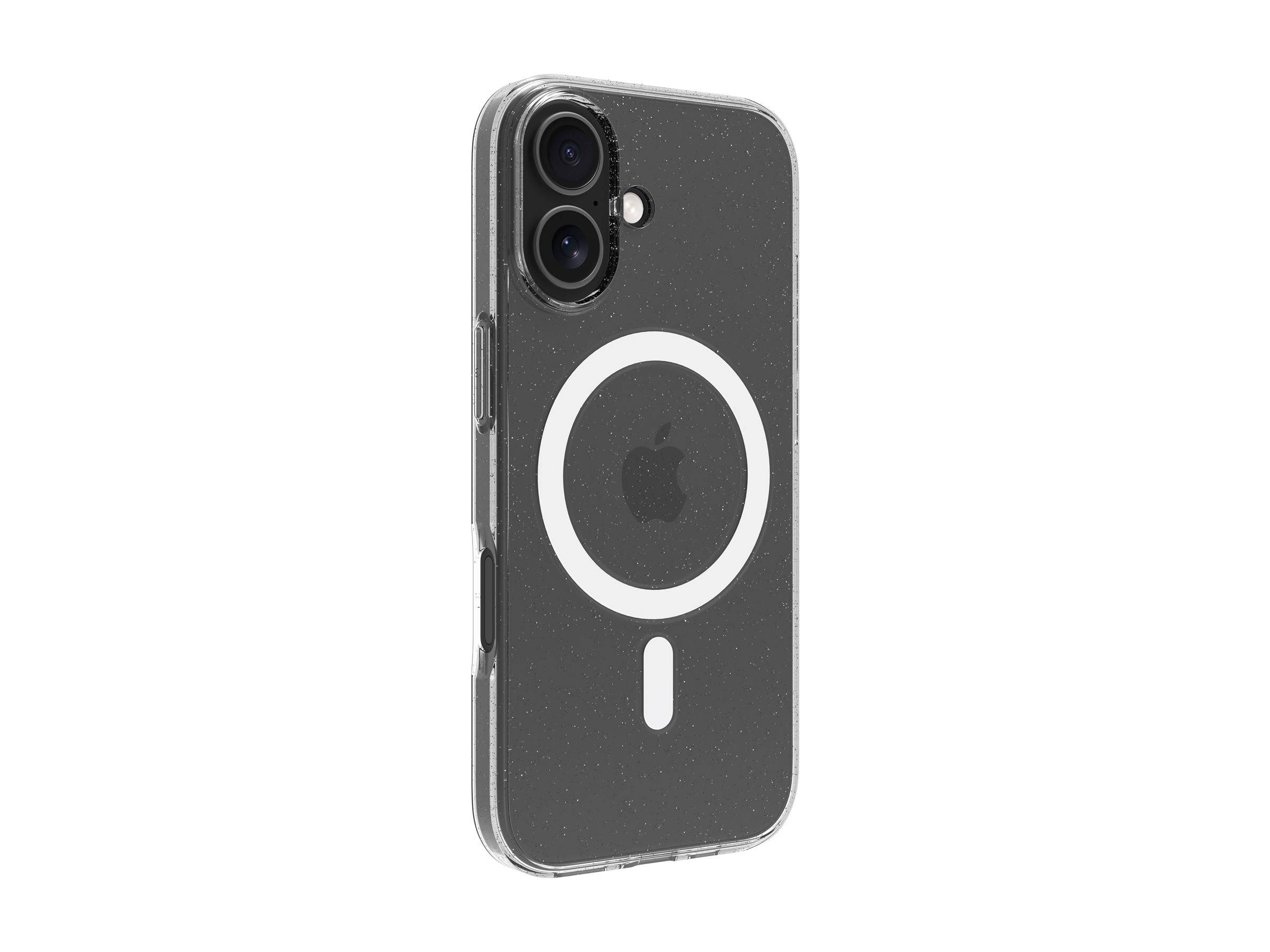 Ein schwarzes iPhone mit einer transparenten Hülle, die ein kreisförmiges MagSafe-Symbol auf der Rückseite trägt und zwei Rückkameras aufweist.