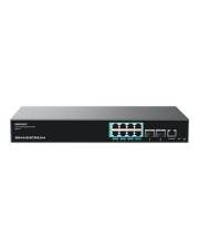 Ein schwarzer Netzwerk-Switch mit acht Ethernet-Anschlüssen und zwei zusätzlichen Eingängen. Auf der Vorderseite ist er mit 'Grandstream' beschriftet.