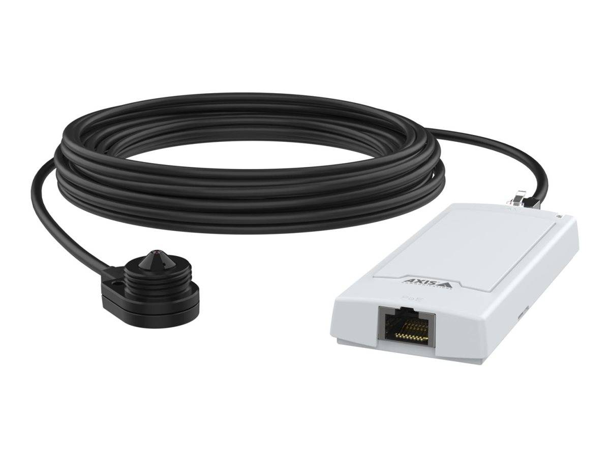 Ein Kamerasensor mit einem langen Verbindungskabel ist an einem rechteckigen Modul befestigt, das über einen Ethernet-Anschluss verfügt und für die Netzwerkverbindung verwendet wird.