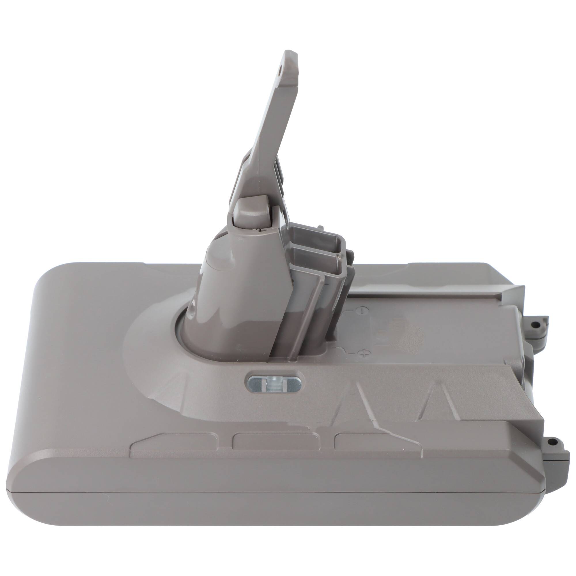 Eine Ersatzbatterie für einen kabellosen Staubsauger, die den Anschluss und den Verschlussmechanismus auf einem grauen Gehäuse zeigt.