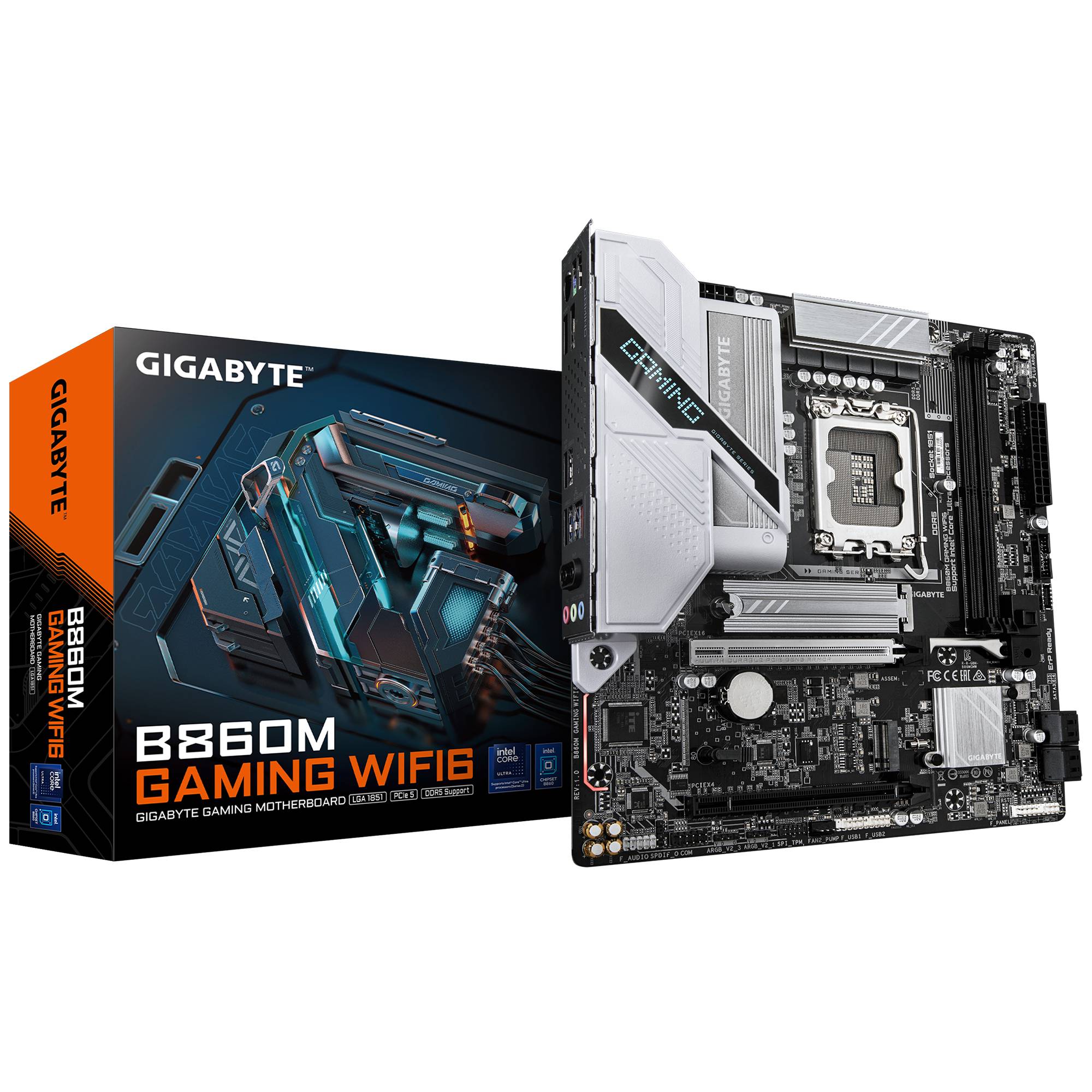 Ein GIGABYTE B860M Gaming WIFI 6 Motherboard wird neben seiner Verpackung angezeigt. Das Board verfügt über mehrere Steckplätze und Anschlüsse für Gaming-Setups.