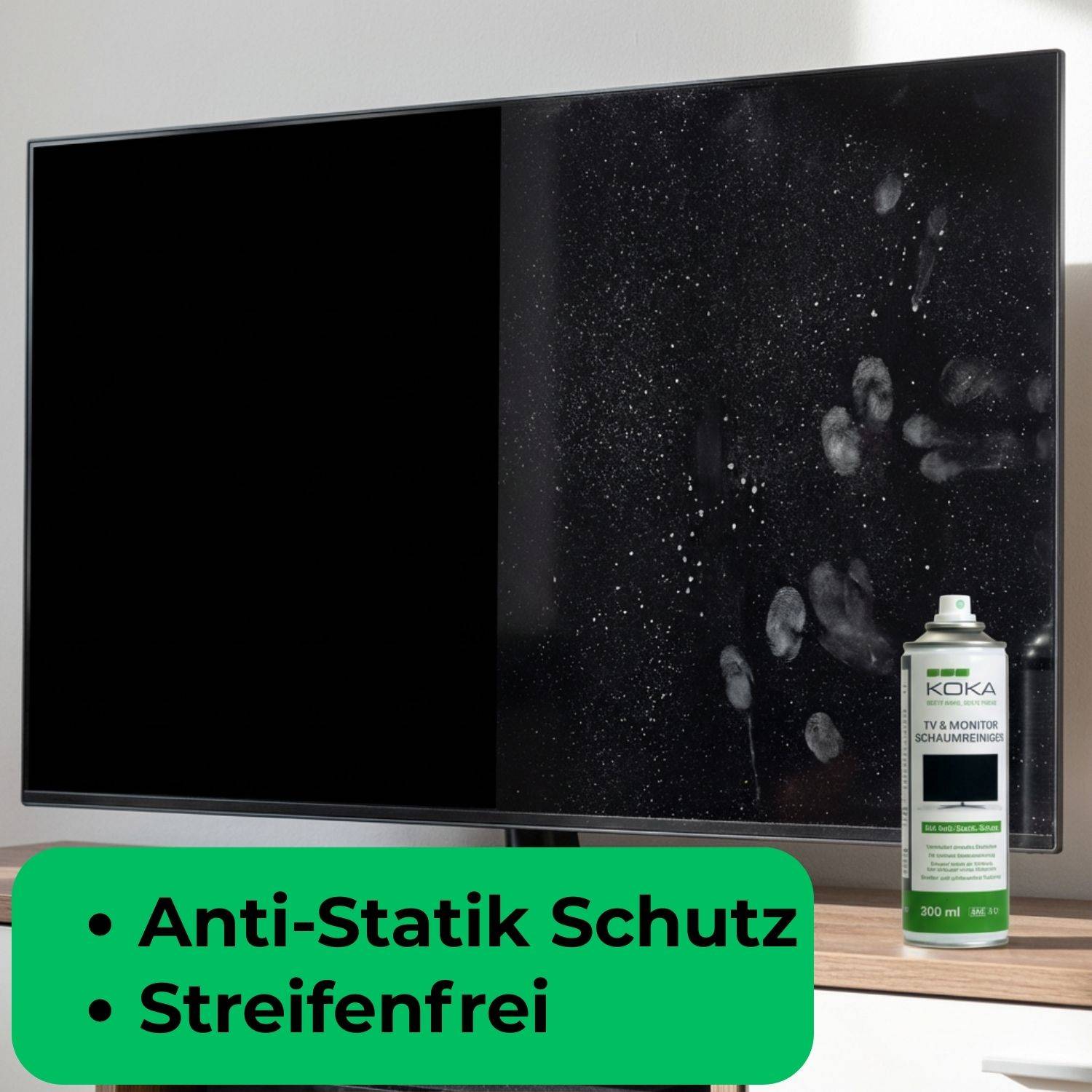 Ein Flachbildschirm zeigt Verschmutzungen auf einer Seite und eine saubere Oberfläche auf der anderen. Neben dem Bildschirm ist eine Reinigungsspray platziert mit dem Text 