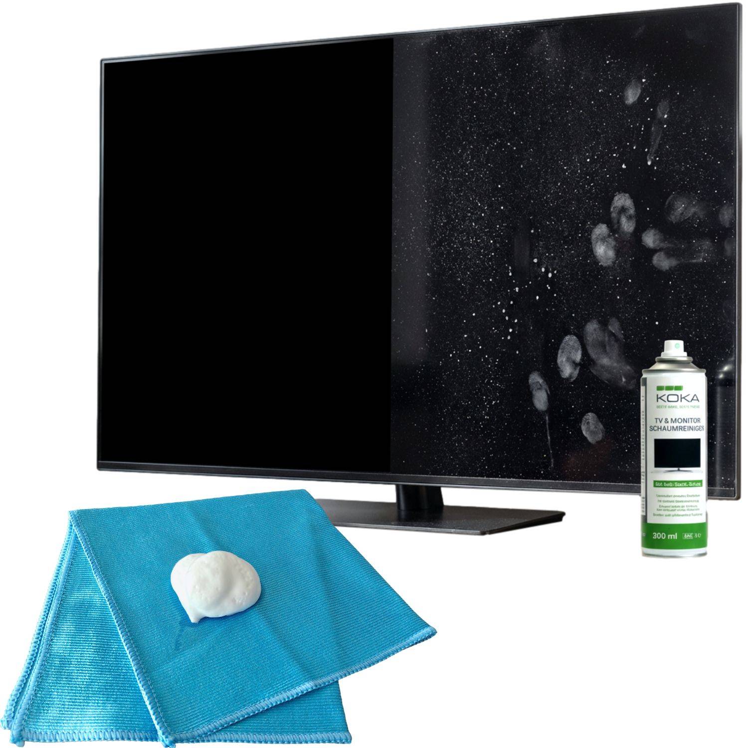 Ein TV-Bildschirm ist halb gereinigt und zeigt eine klare Seite und eine Seite mit Fingerabdrücken. Darunter befinden sich Reinigungstücher und eine Bildschirmreinigungsspray.