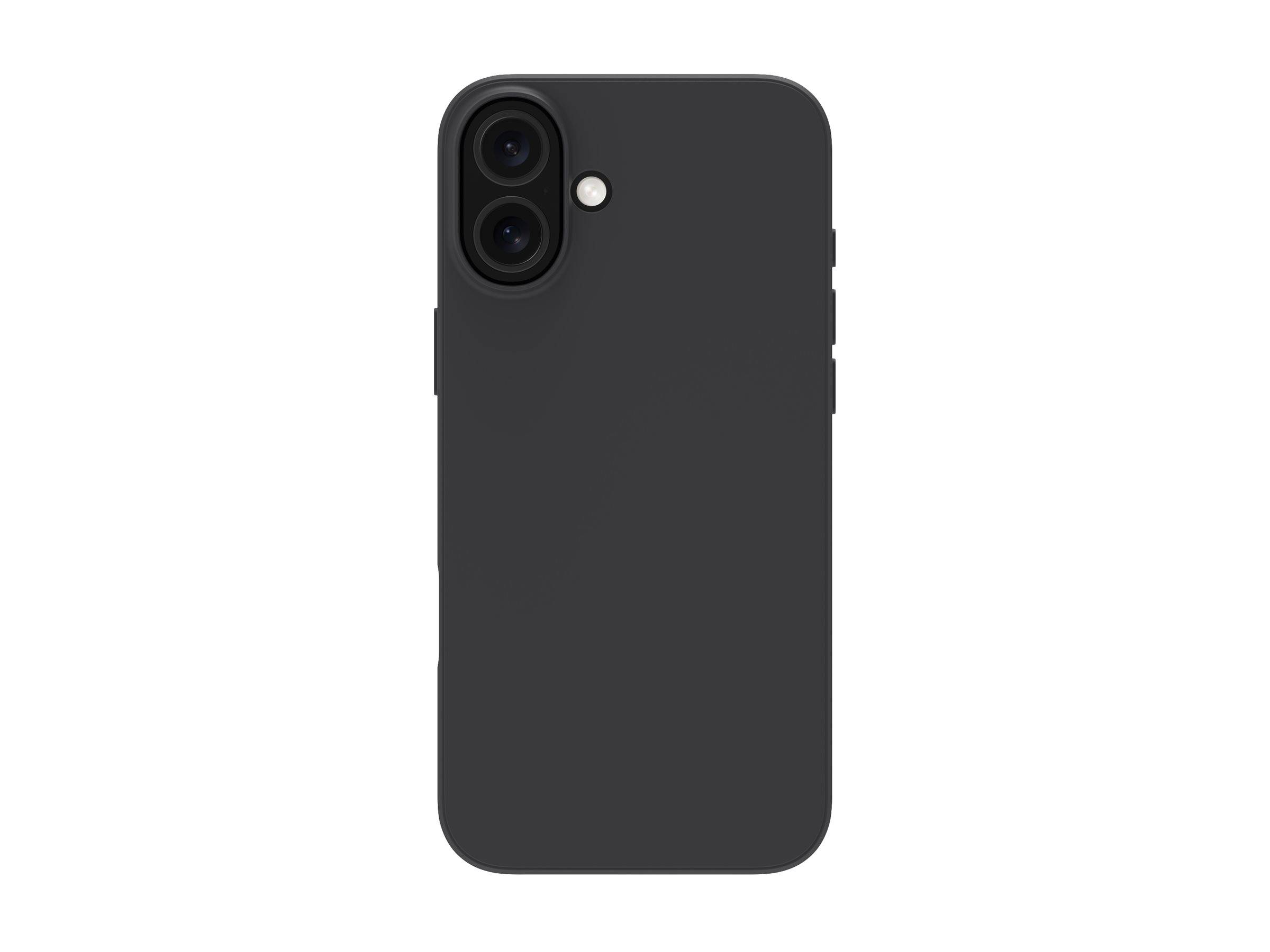Schwarze Smartphone-Hülle von hinten gezeigt, mit dualen Kamera-Aussparungen und einer Blitzöffnung auf weißem Hintergrund.
