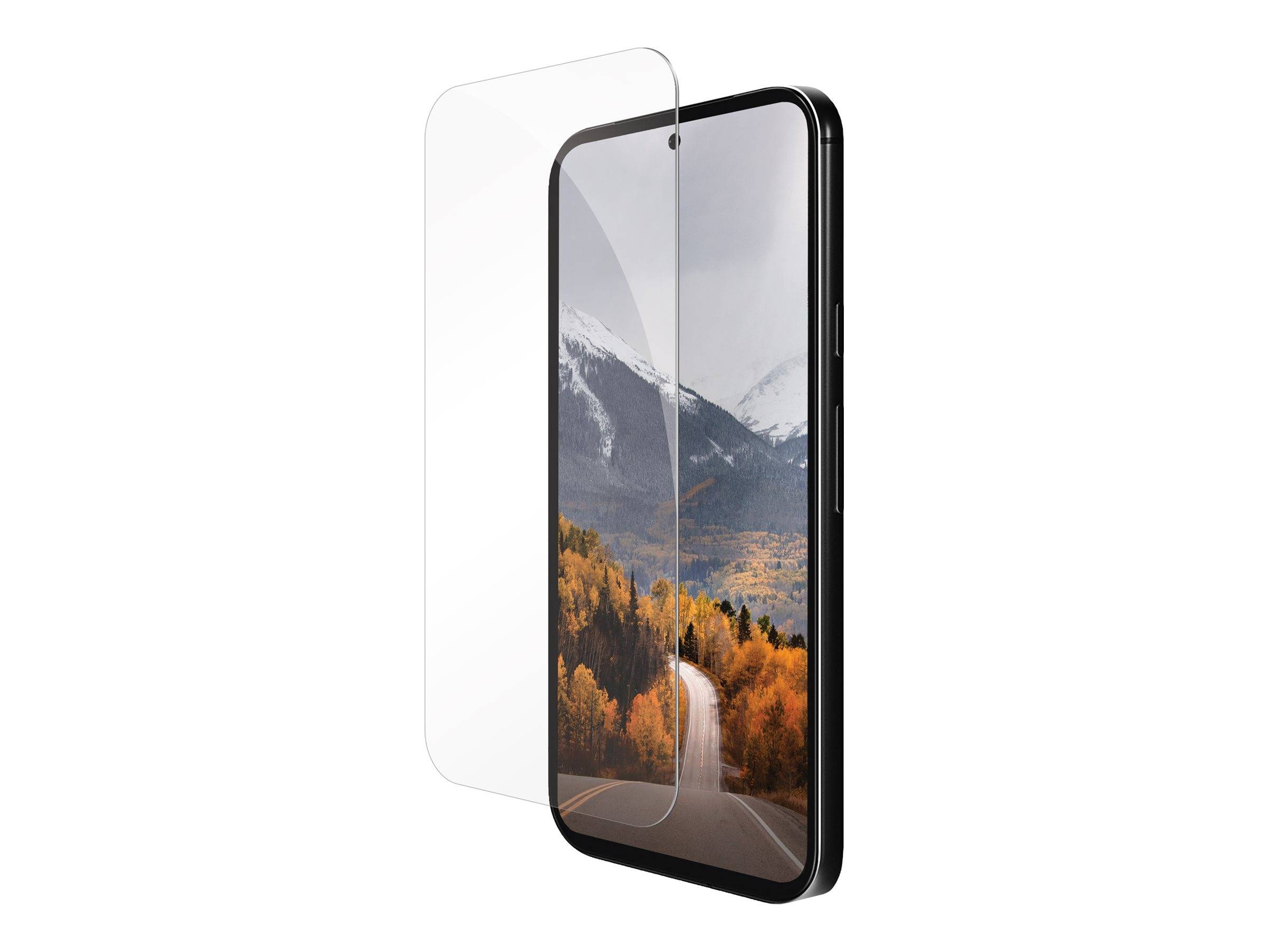 Ein Smartphone mit einer Displayschutzfolie, das eine Straße zeigt, die in Berge mit Herbstbäumen führt und die Bildschirmklarheit und -schutz veranschaulicht.