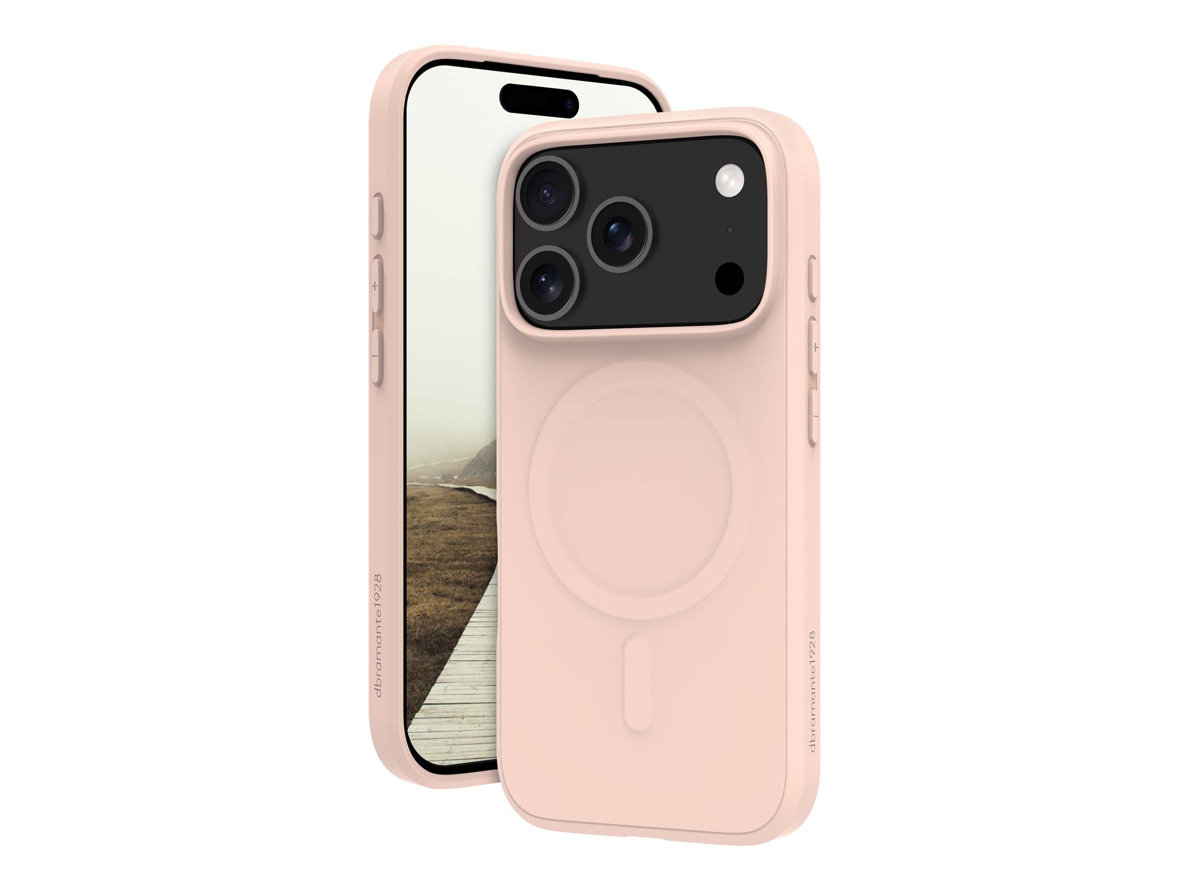 Ein Smartphone mit einer rosa Schutzhülle, die große Kameraausschnitte aufweist, von Vorder- und Rückseite dargestellt; der Bildschirm zeigt eine neblige Landschaft.