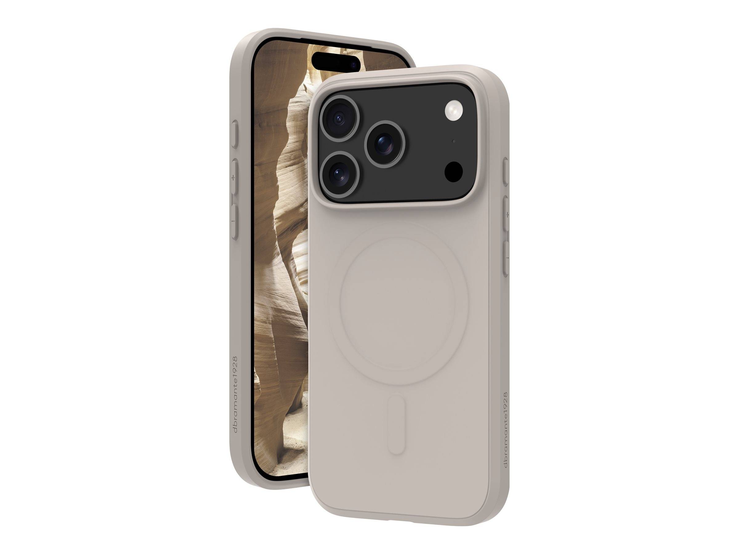 Zwei Smartphones mit Hüllen, von vorne und hinten gezeigt. Das Vordertelefon zeigt eine Felswand-Landschaft als Hintergrundsbild, während die Rückseite des Geräts auf die Kamera fokussiert ist.