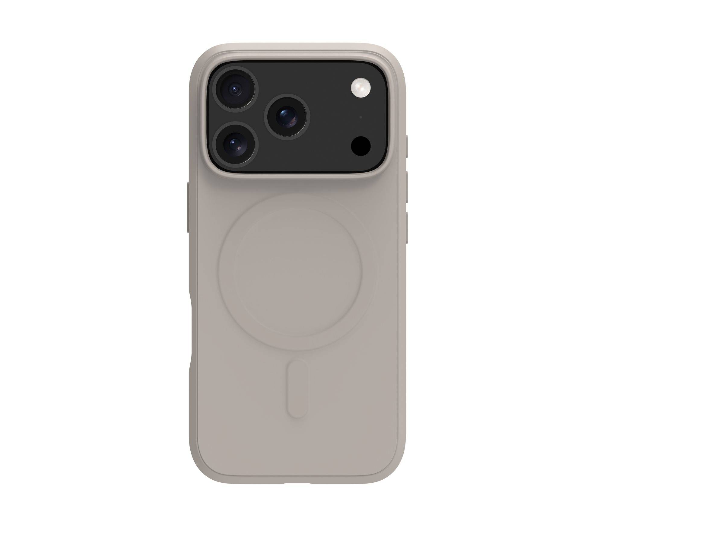 Eine beige Smartphone-Hülle mit Aussparung für eine dreifache Kamera, kompatibel mit MagSafe-Zubehör.