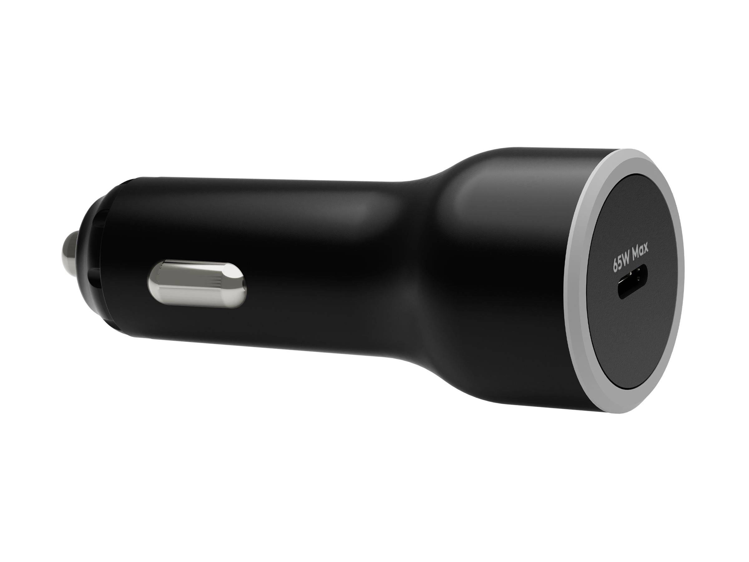 Ein schwarzer Autoladegerät mit einem einzelnen USB-C-Anschluss, gekennzeichnet mit „65W Max